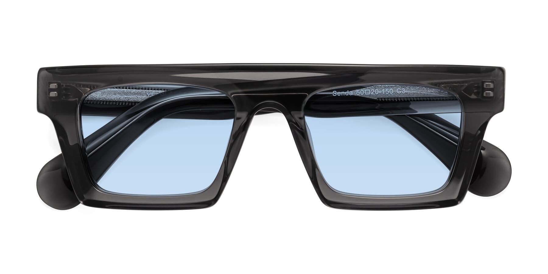 Folded Front of Senda in Translucent Gray with Light Blue Tinted Lenses