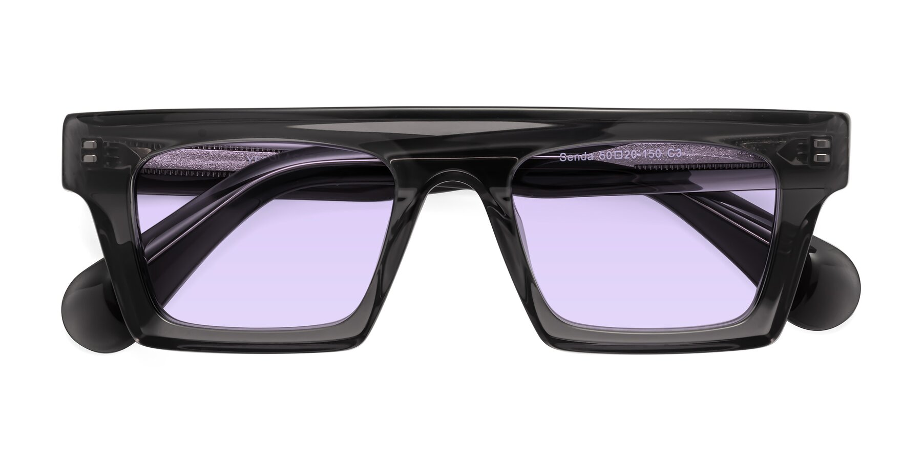 Folded Front of Senda in Translucent Gray with Light Purple Tinted Lenses