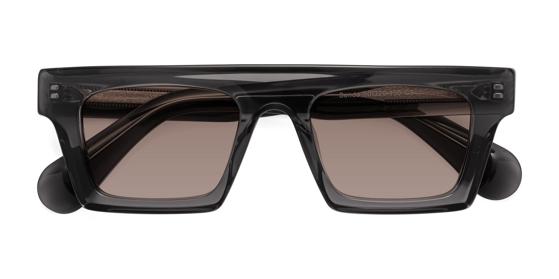 Folded Front of Senda in Translucent Gray with Medium Brown Tinted Lenses