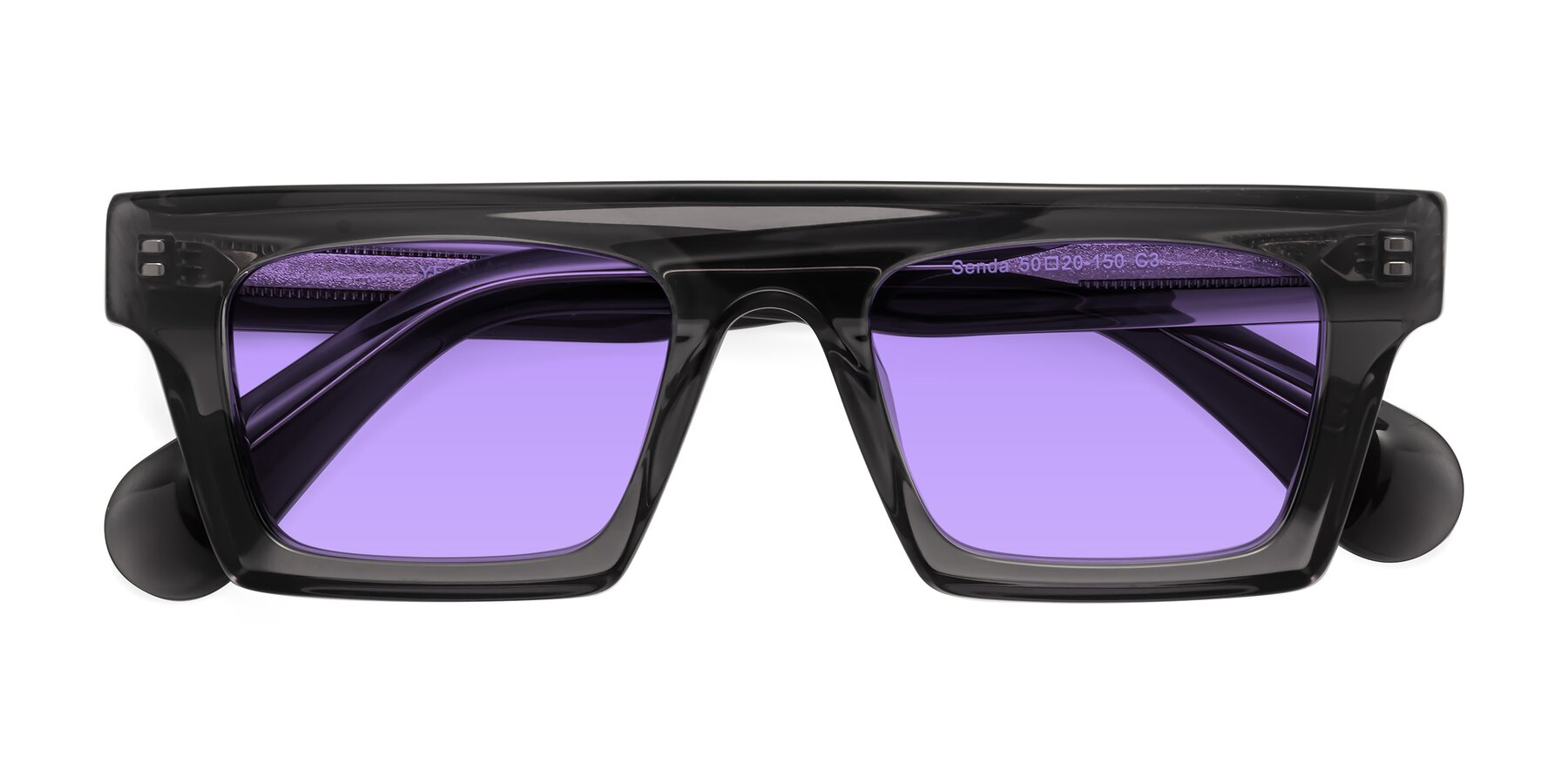 Folded Front of Senda in Translucent Gray with Medium Purple Tinted Lenses