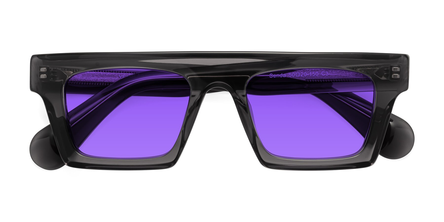 Folded Front of Senda in Translucent Gray with Purple Tinted Lenses