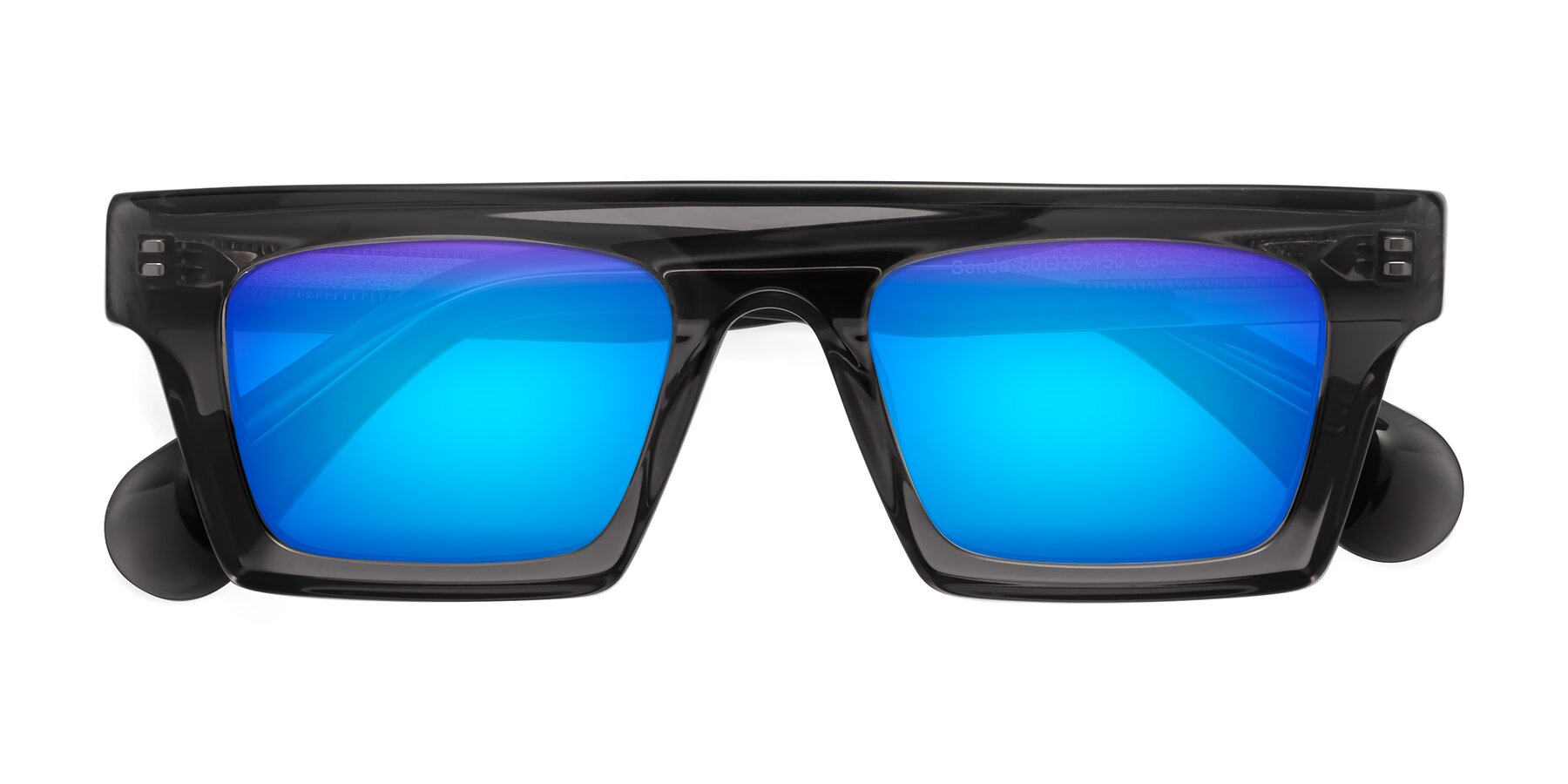 Folded Front of Senda in Translucent Gray with Blue Mirrored Lenses