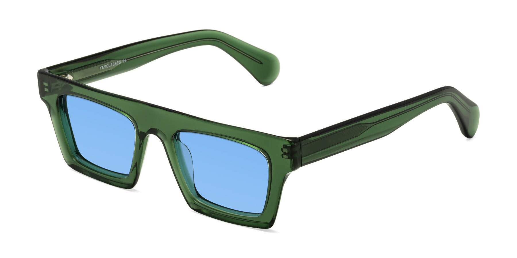 Angle of Senda in Jade Green with Medium Blue Tinted Lenses