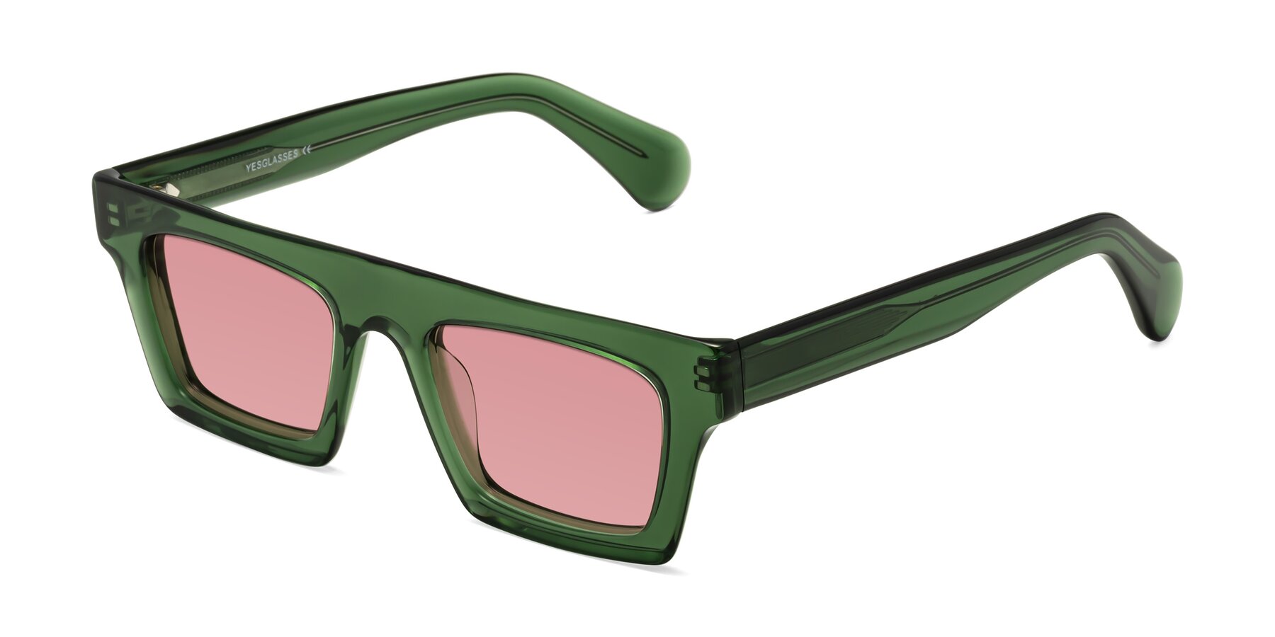 Angle of Senda in Jade Green with Medium Garnet Tinted Lenses