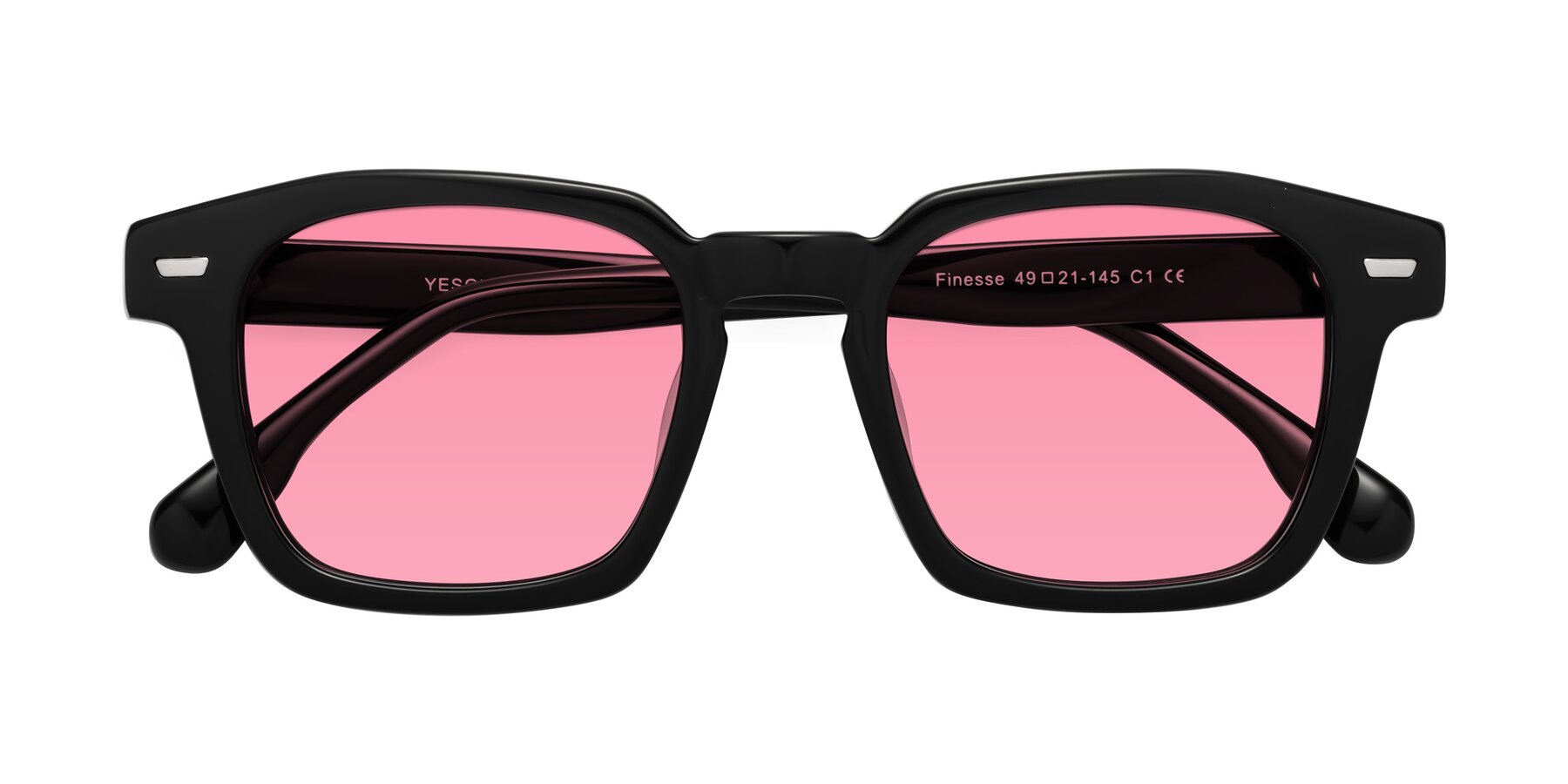 Folded Front of Finesse in Black with Pink Tinted Lenses