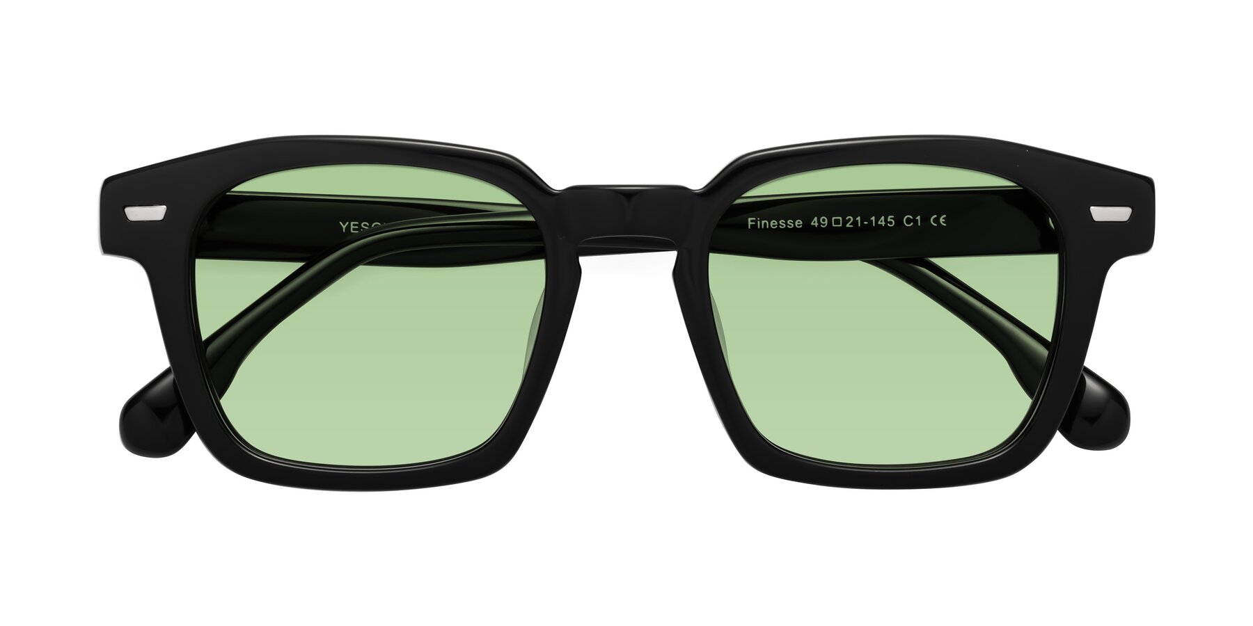 Folded Front of Finesse in Black with Medium Green Tinted Lenses