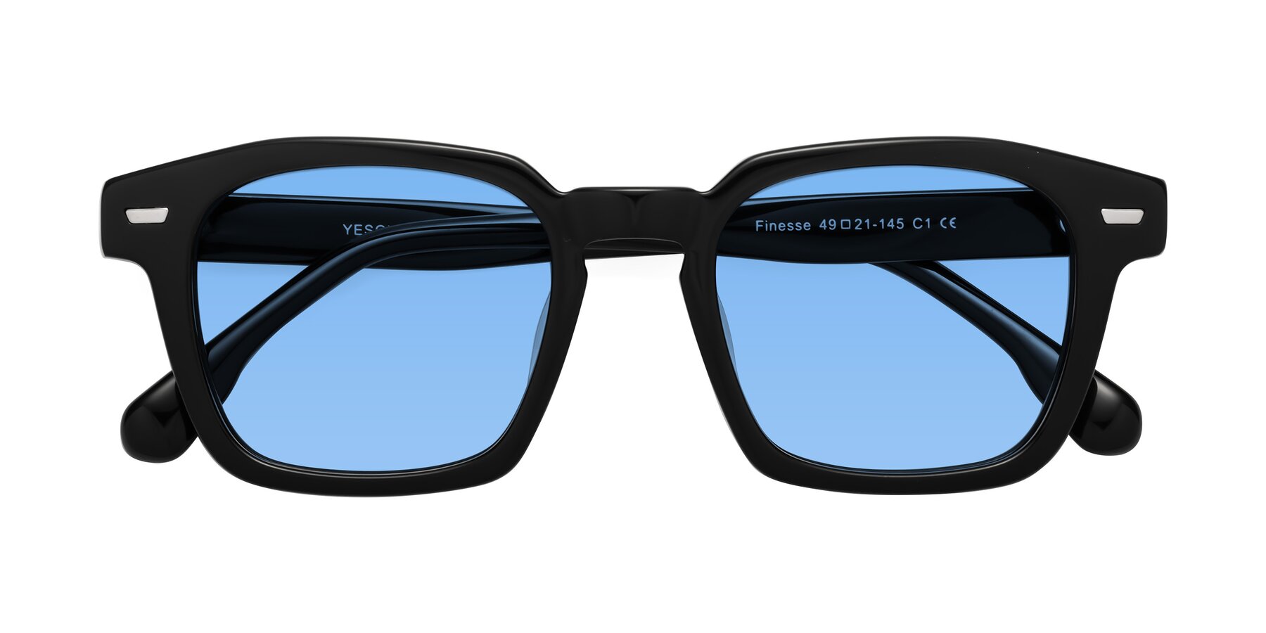 Folded Front of Finesse in Black with Medium Blue Tinted Lenses