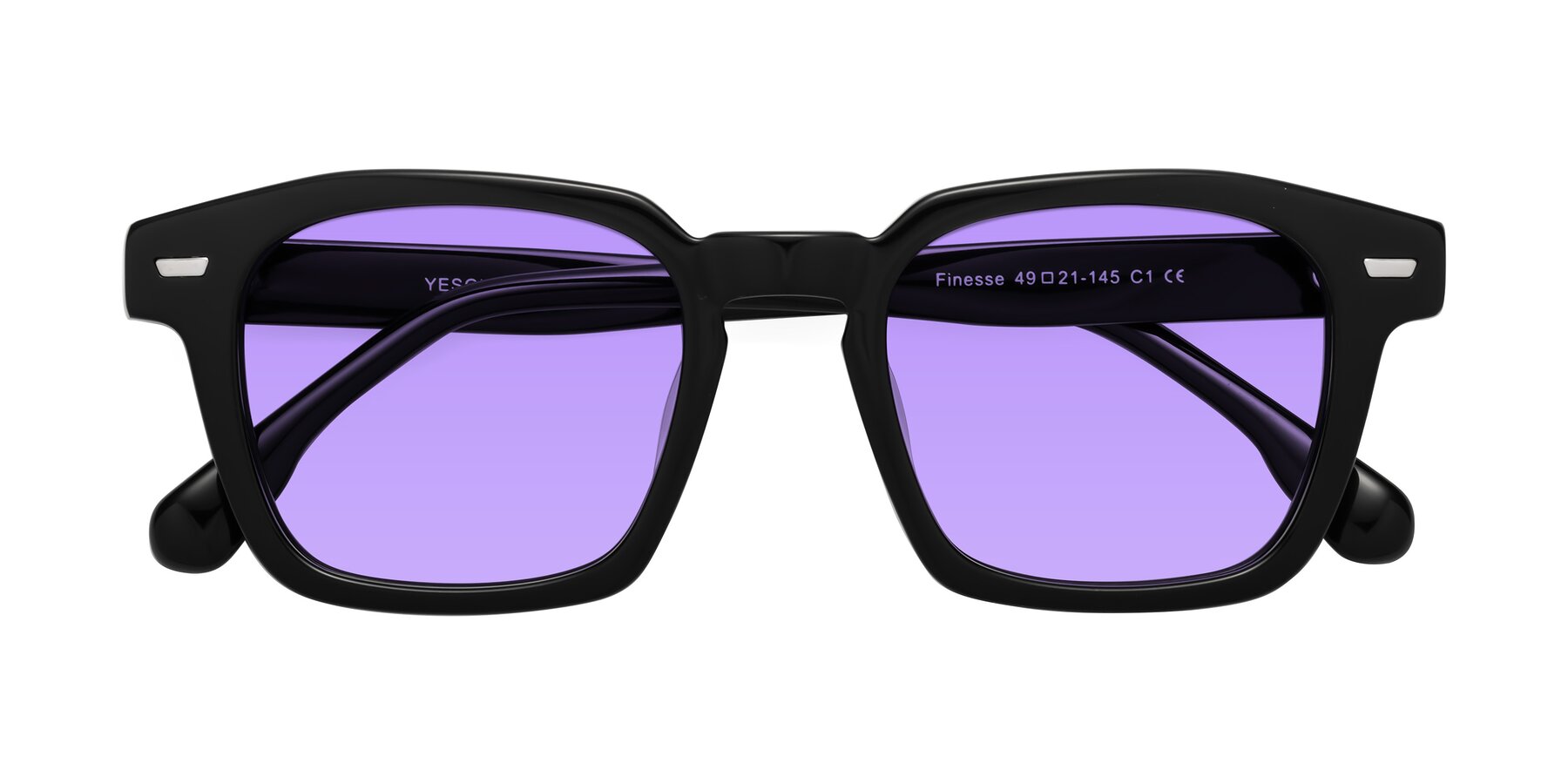 Folded Front of Finesse in Black with Medium Purple Tinted Lenses
