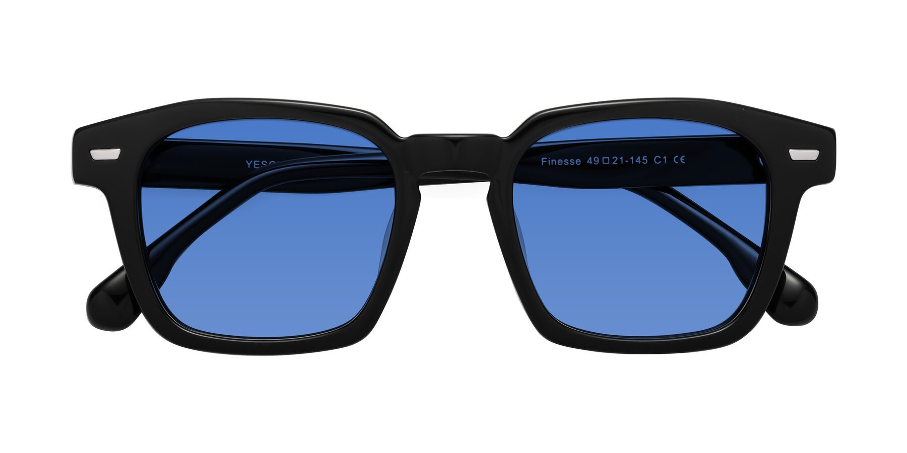 Folded Front of Finesse in Black with Blue Tinted Lenses