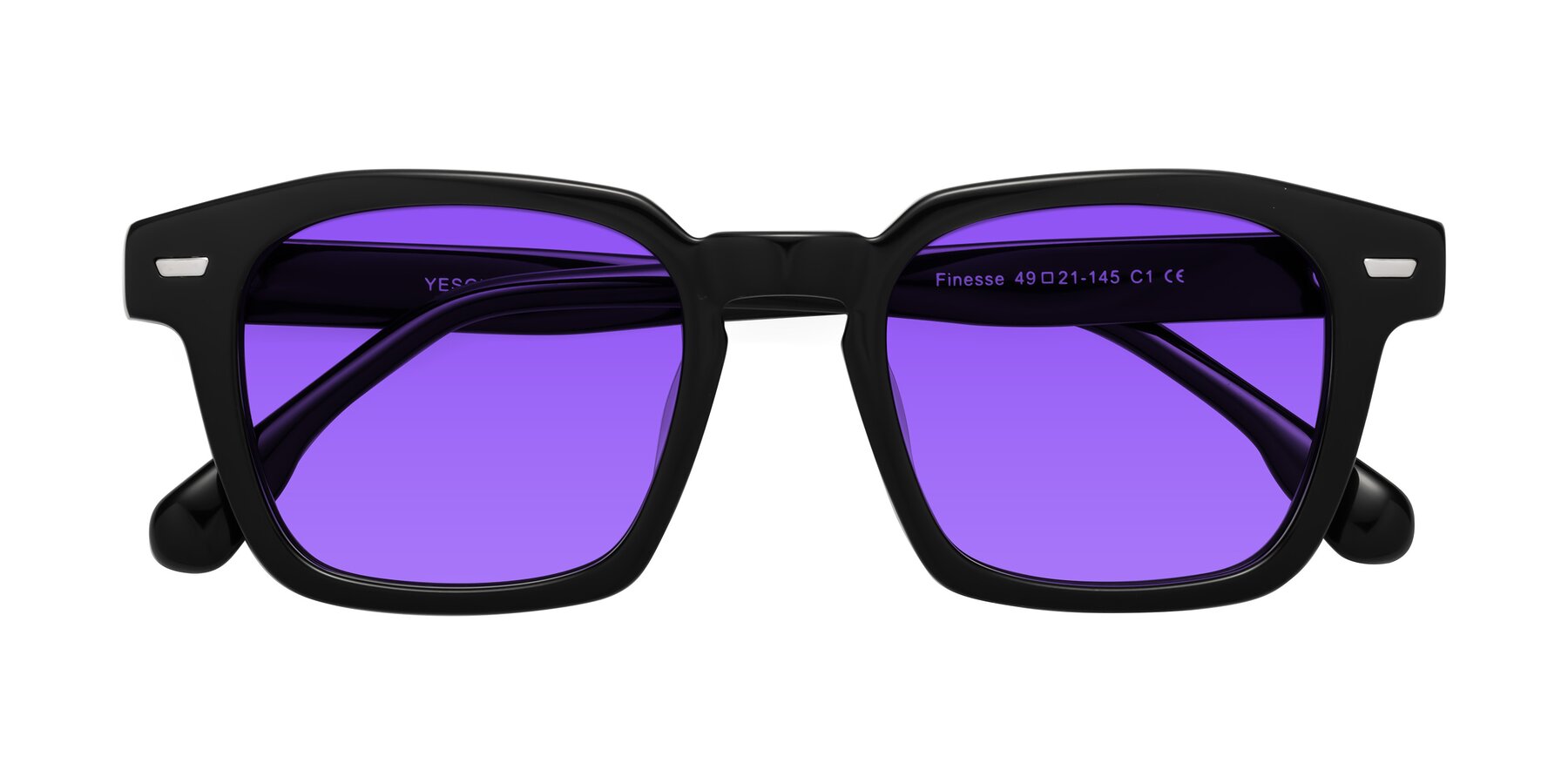 Folded Front of Finesse in Black with Purple Tinted Lenses
