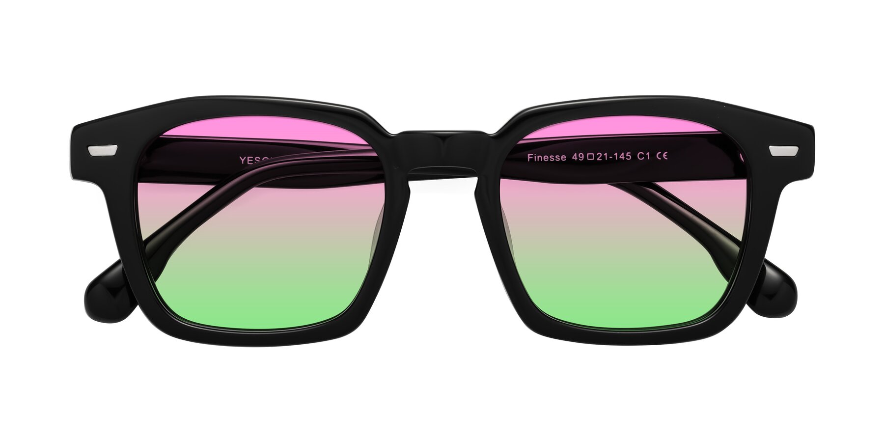 Folded Front of Finesse in Black with Pink / Green Gradient Lenses