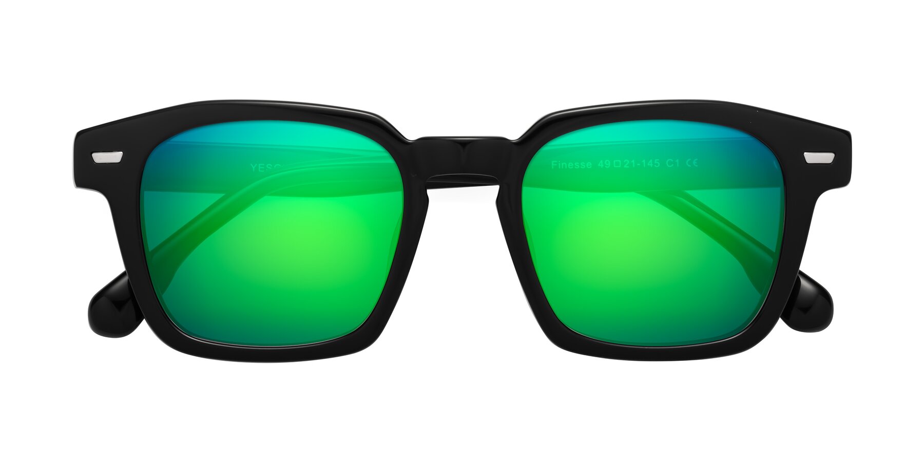 Folded Front of Finesse in Black with Green Mirrored Lenses