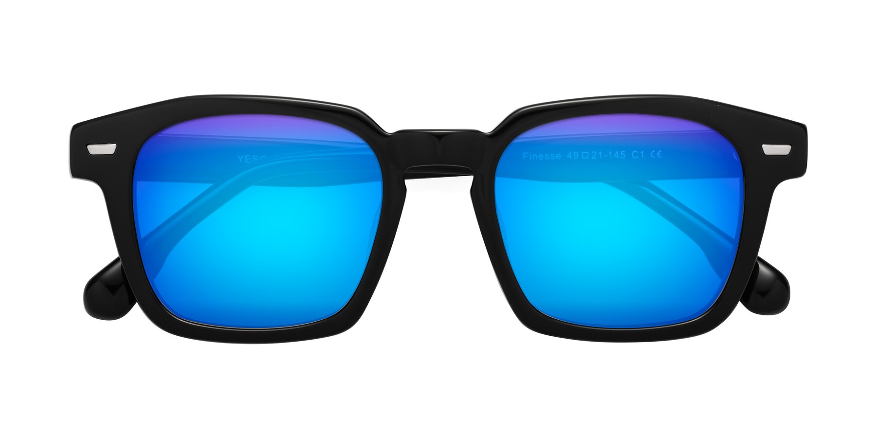 Folded Front of Finesse in Black with Blue Mirrored Lenses