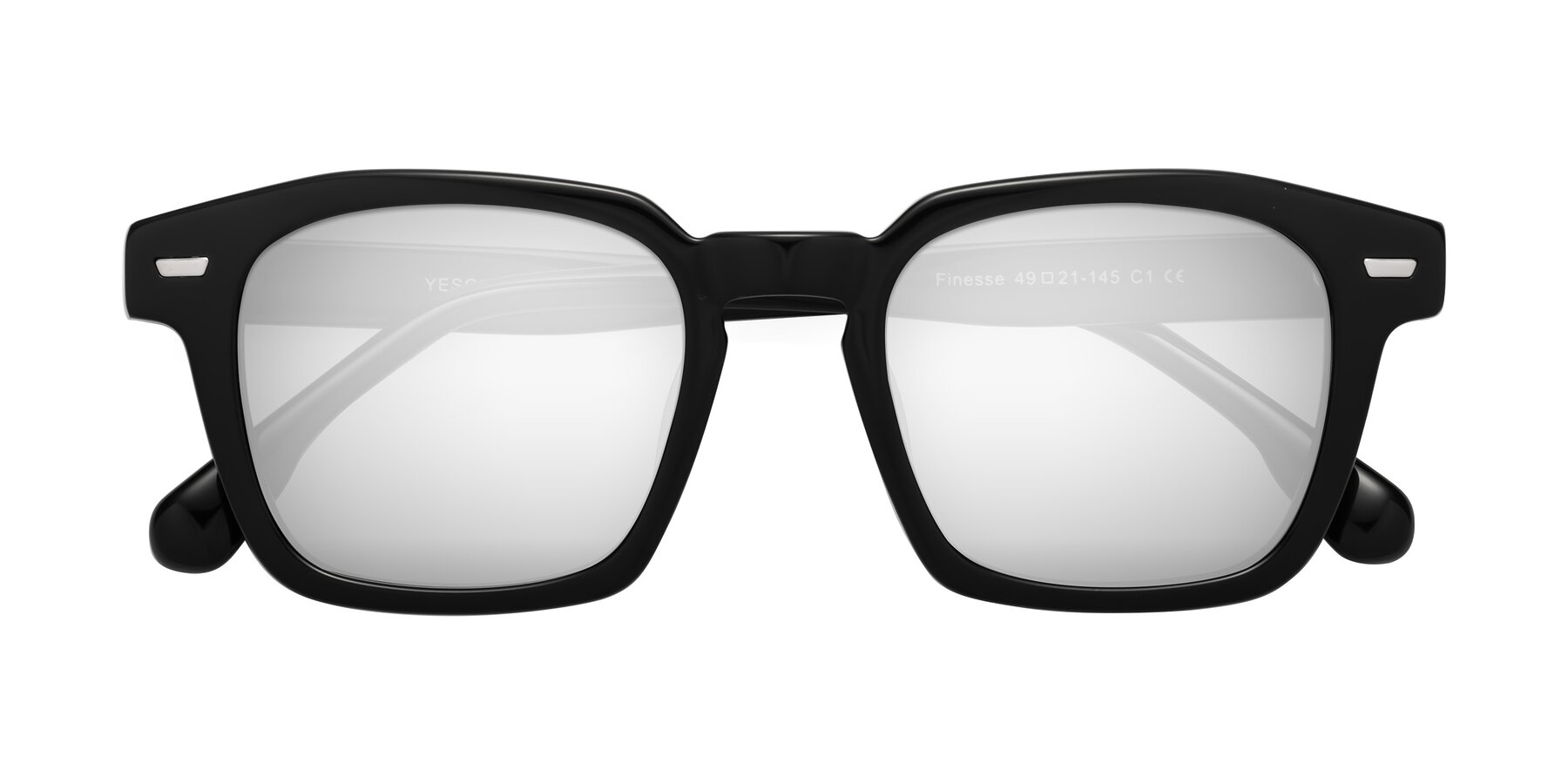 Folded Front of Finesse in Black with Silver Mirrored Lenses