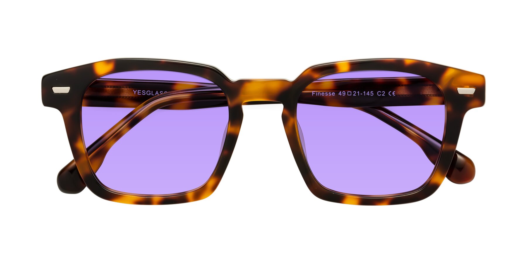Folded Front of Finesse in Tortoise with Medium Purple Tinted Lenses