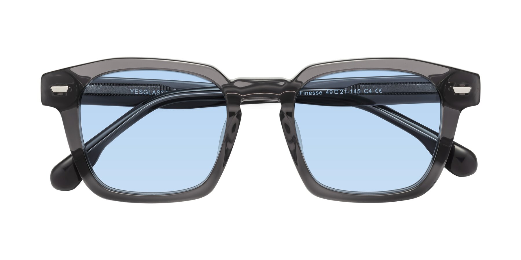 Folded Front of Finesse in Translucent Gray with Light Blue Tinted Lenses