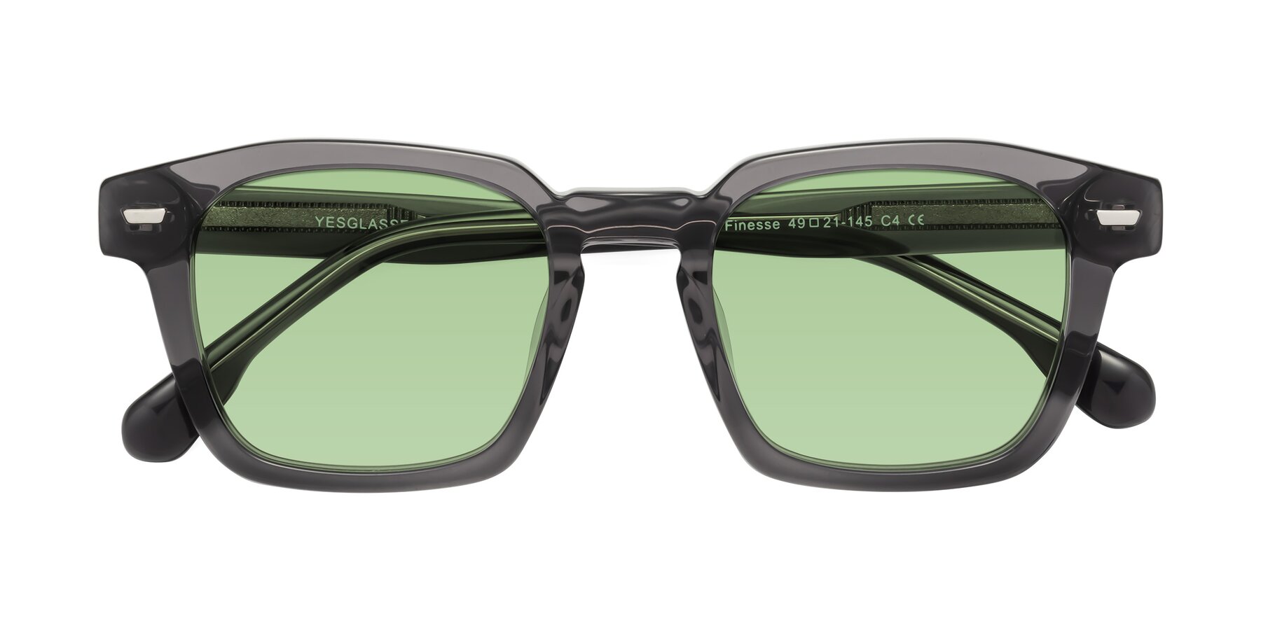 Folded Front of Finesse in Translucent Gray with Medium Green Tinted Lenses