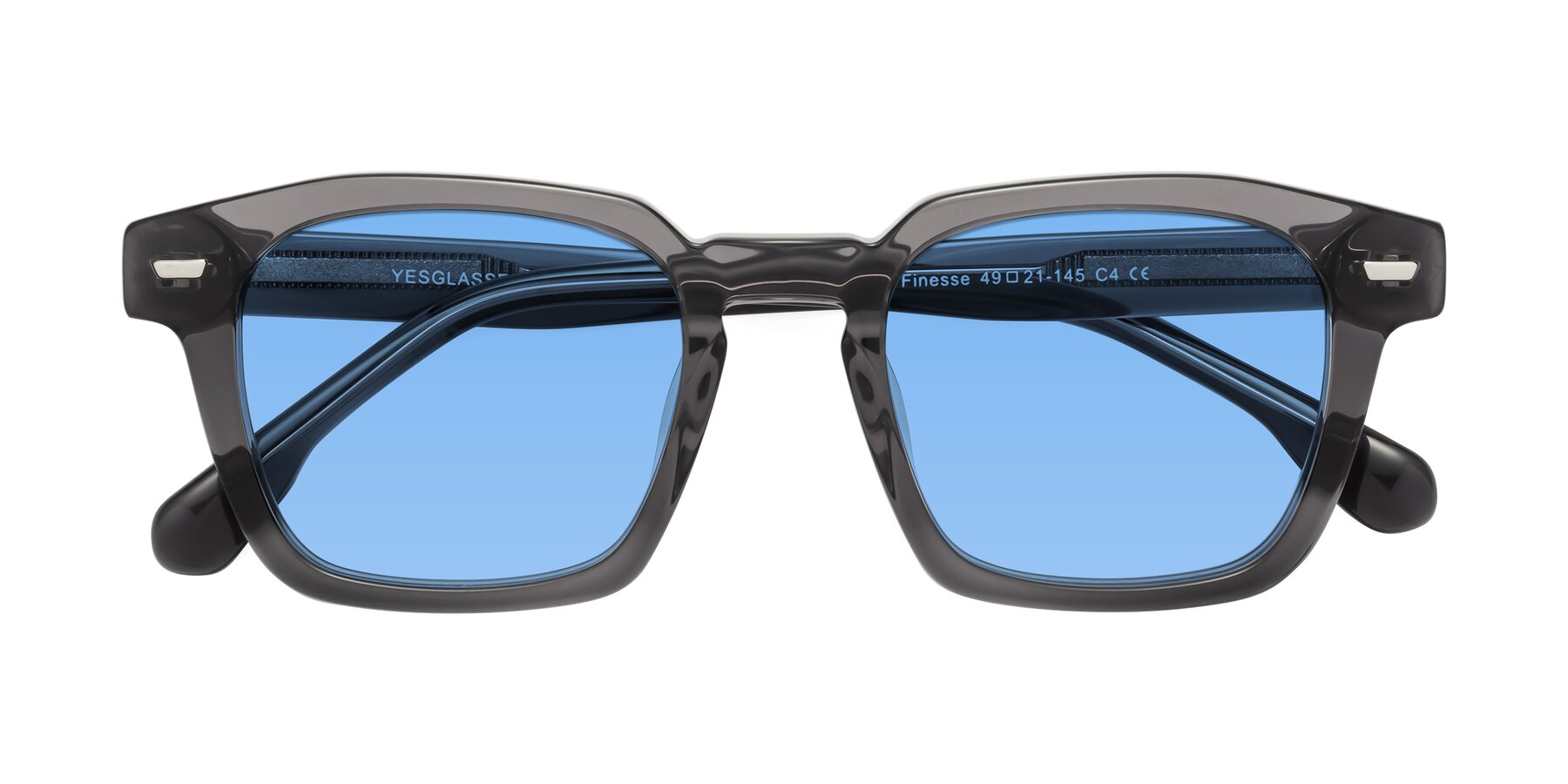 Folded Front of Finesse in Translucent Gray with Medium Blue Tinted Lenses