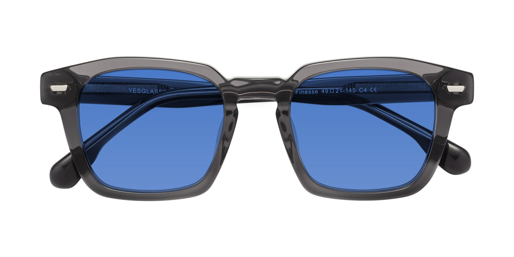 Folded Front of Finesse in Translucent Gray with Blue Tinted Lenses