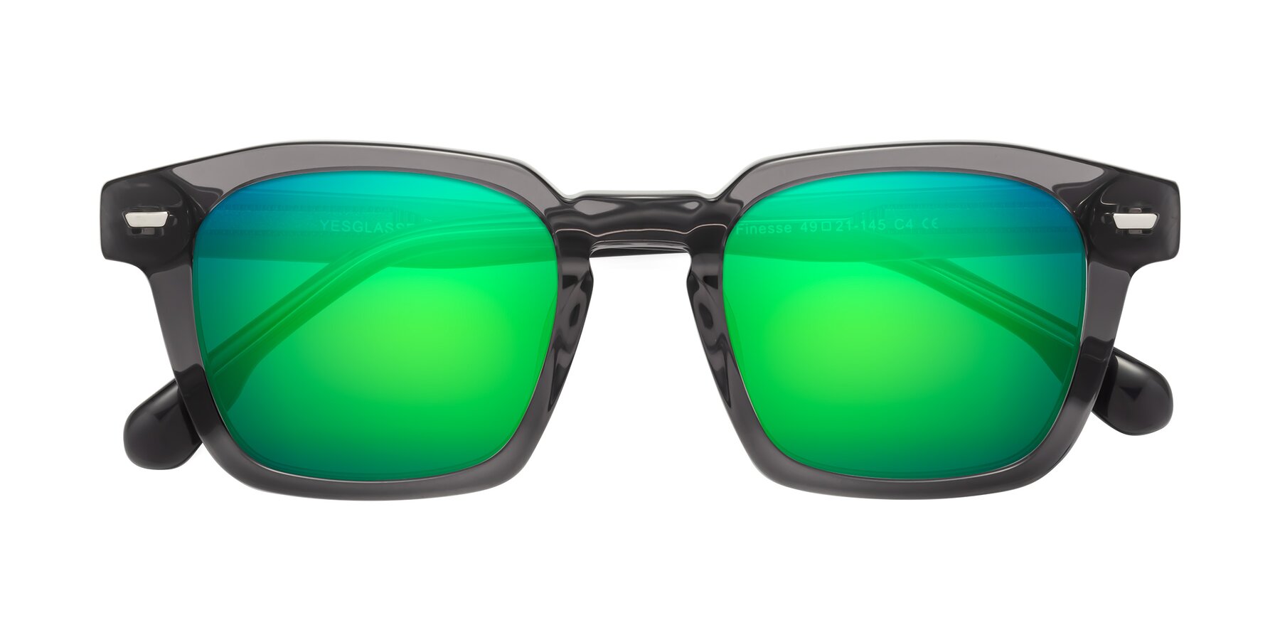 Folded Front of Finesse in Translucent Gray with Green Mirrored Lenses