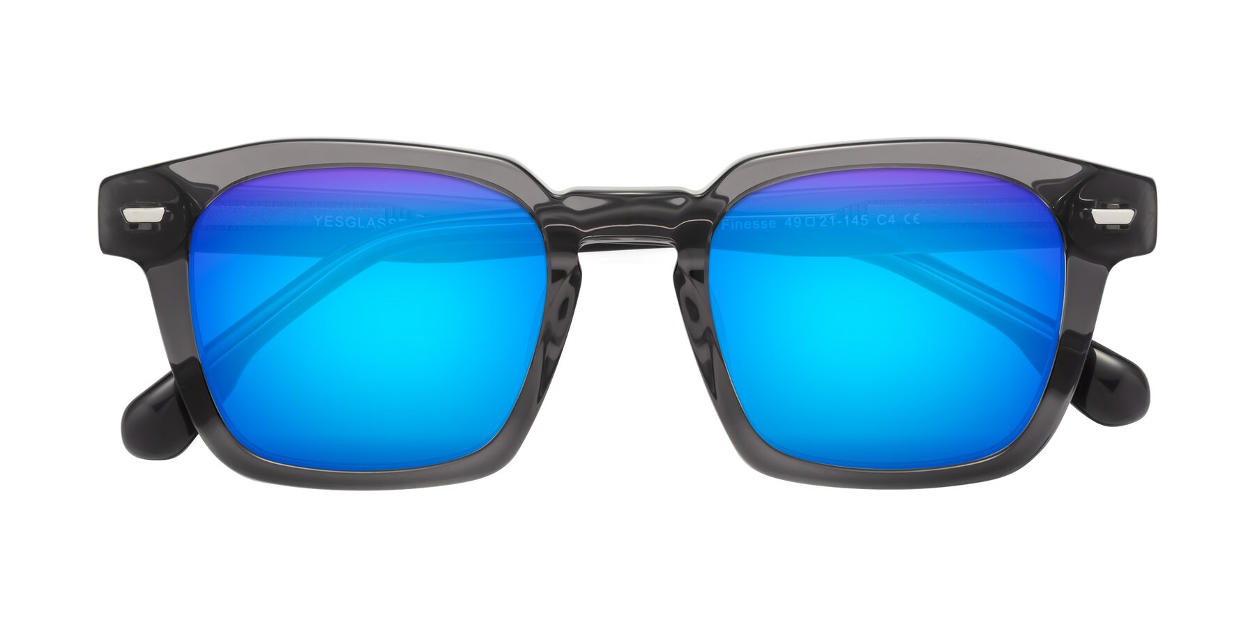 Folded Front of Finesse in Translucent Gray with Blue Mirrored Lenses