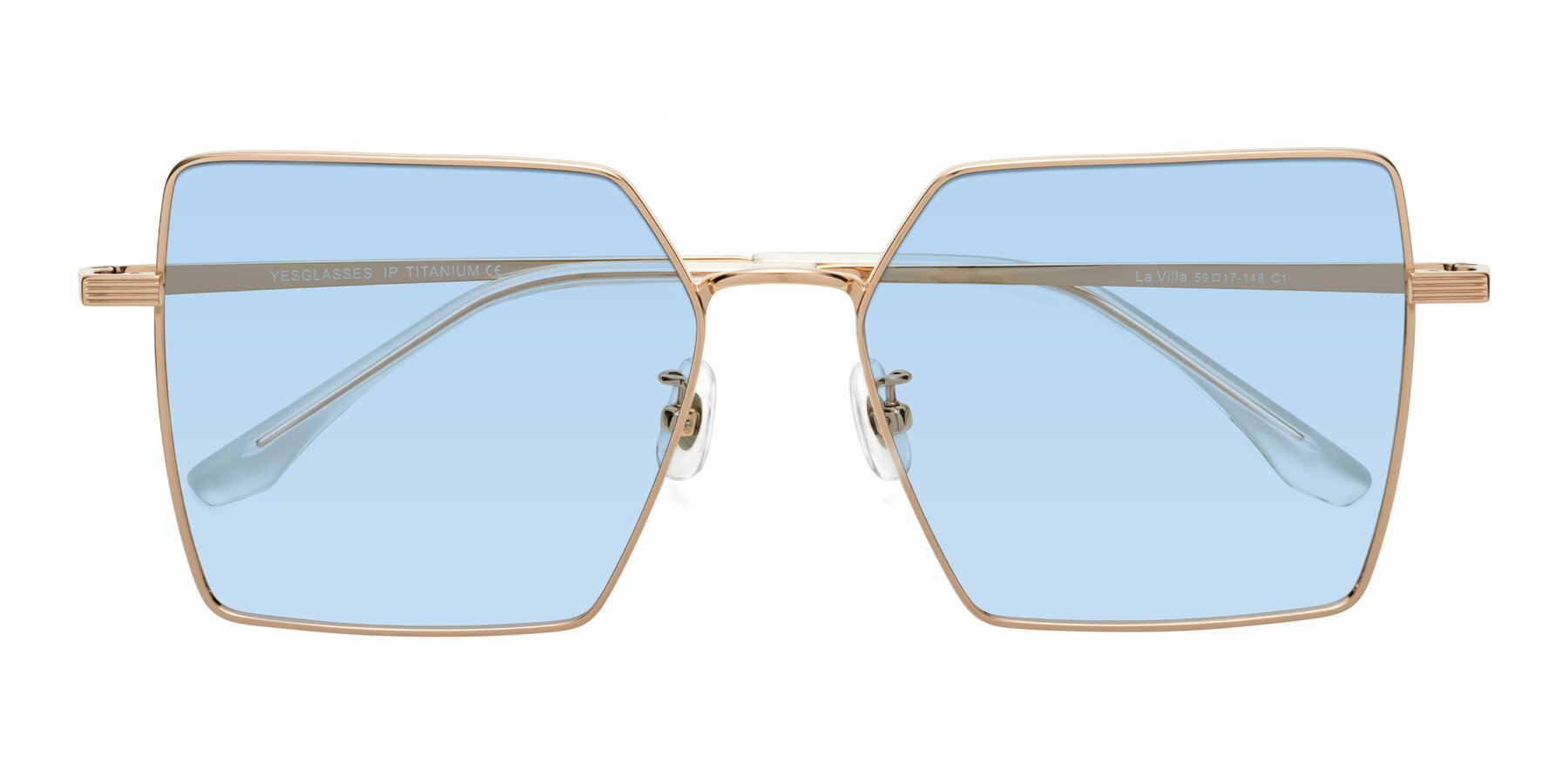 Folded Front of La Villa in Rose Gold with Light Blue Tinted Lenses