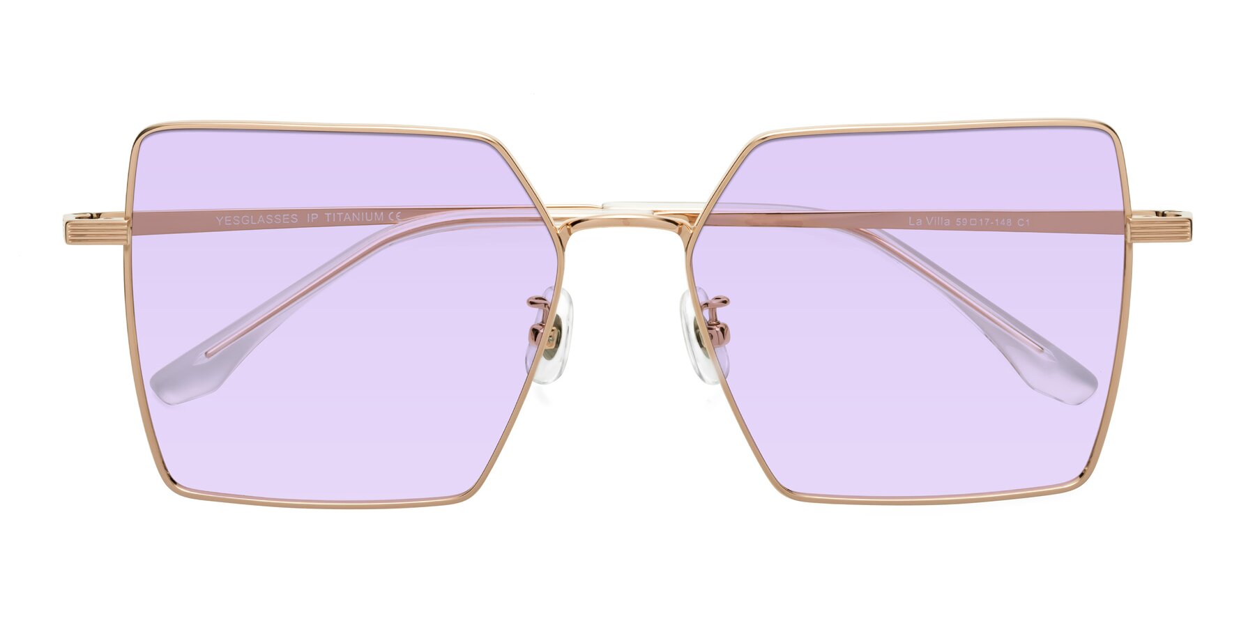Folded Front of La Villa in Rose Gold with Light Purple Tinted Lenses
