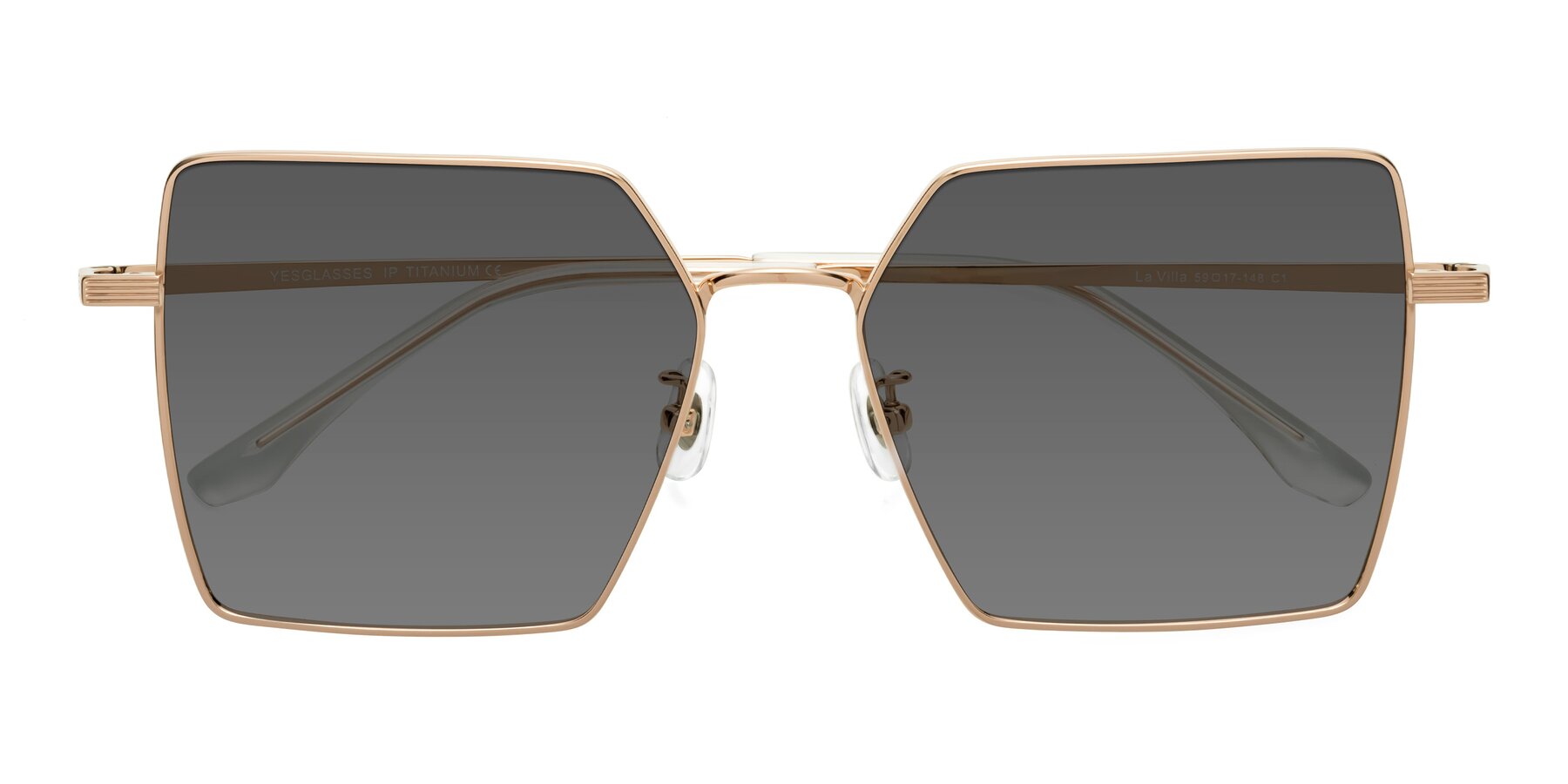 Folded Front of La Villa in Rose Gold with Medium Gray Tinted Lenses