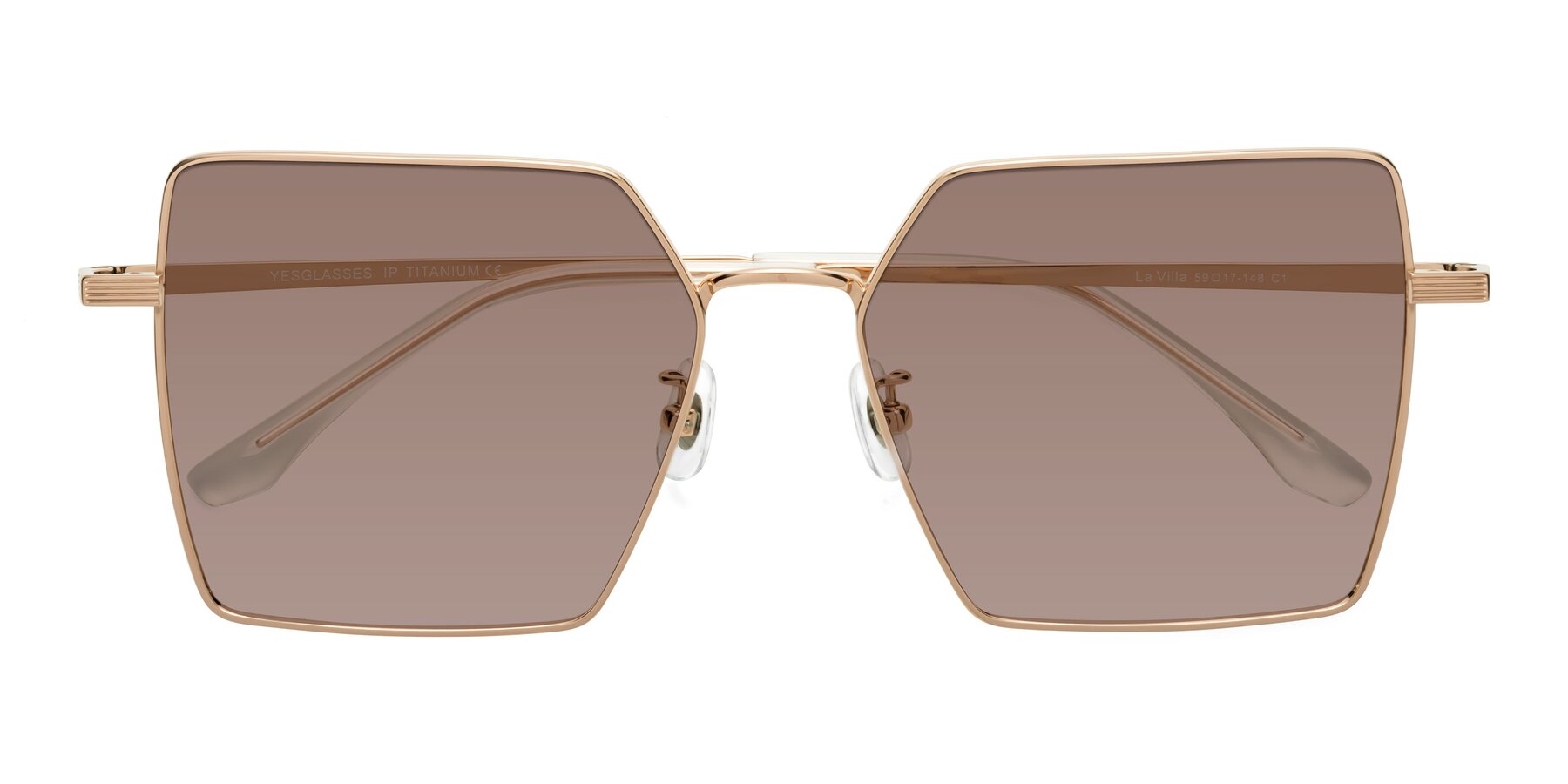 Folded Front of La Villa in Rose Gold with Medium Brown Tinted Lenses