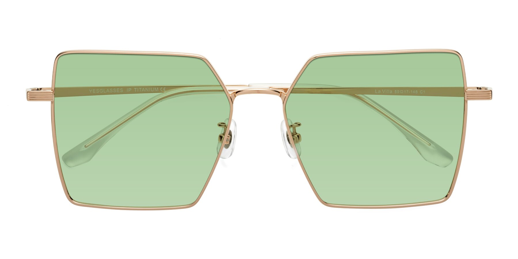 Folded Front of La Villa in Rose Gold with Medium Green Tinted Lenses