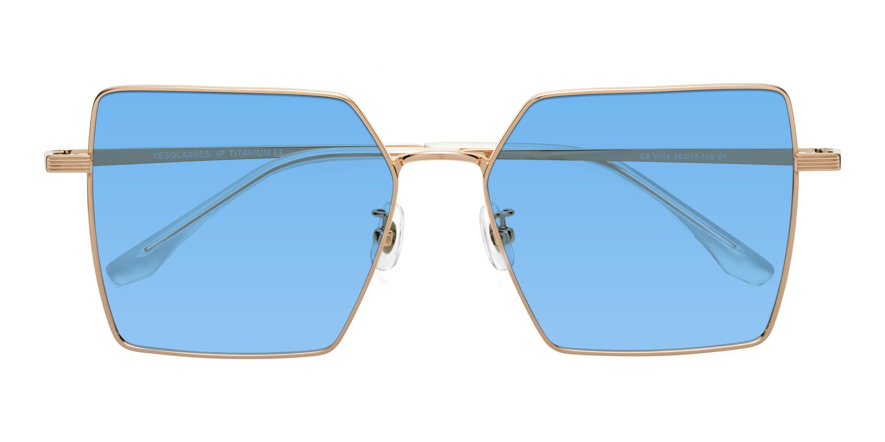 Folded Front of La Villa in Rose Gold with Medium Blue Tinted Lenses
