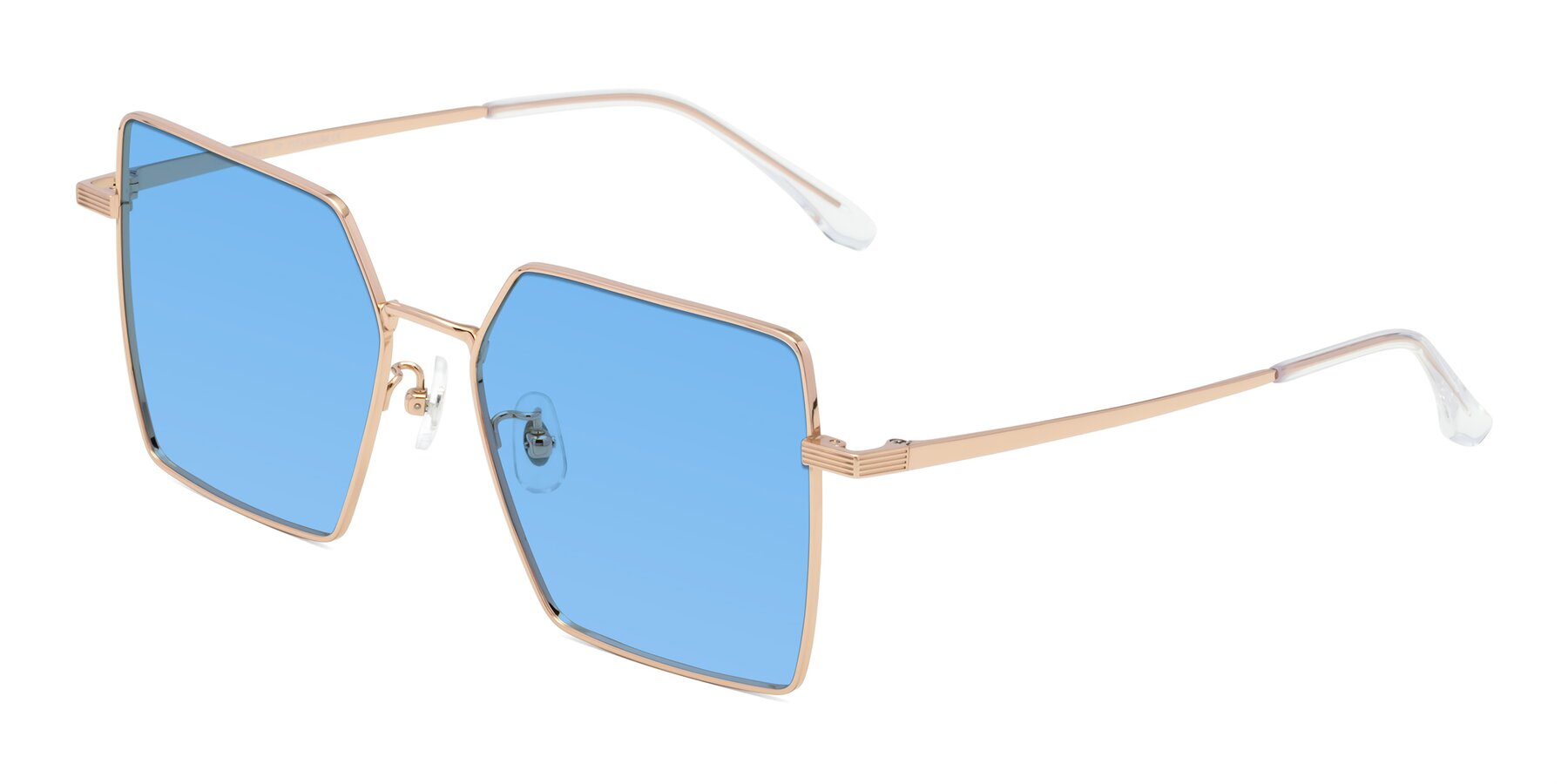 Angle of La Villa in Rose Gold with Medium Blue Tinted Lenses