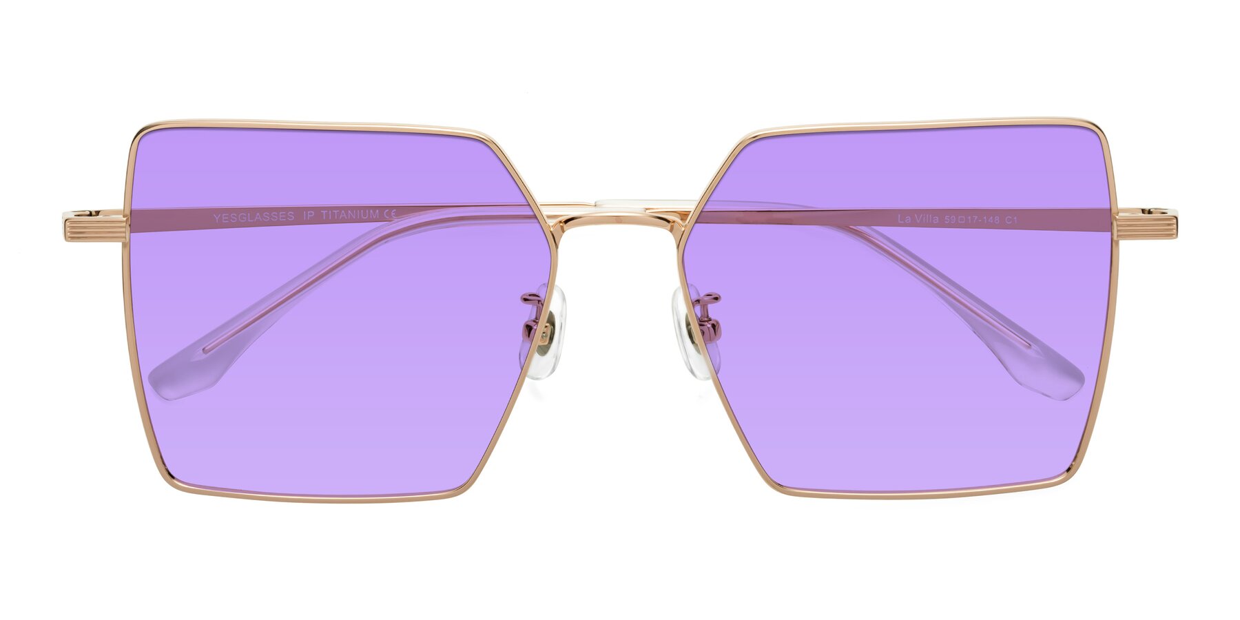 Folded Front of La Villa in Rose Gold with Medium Purple Tinted Lenses