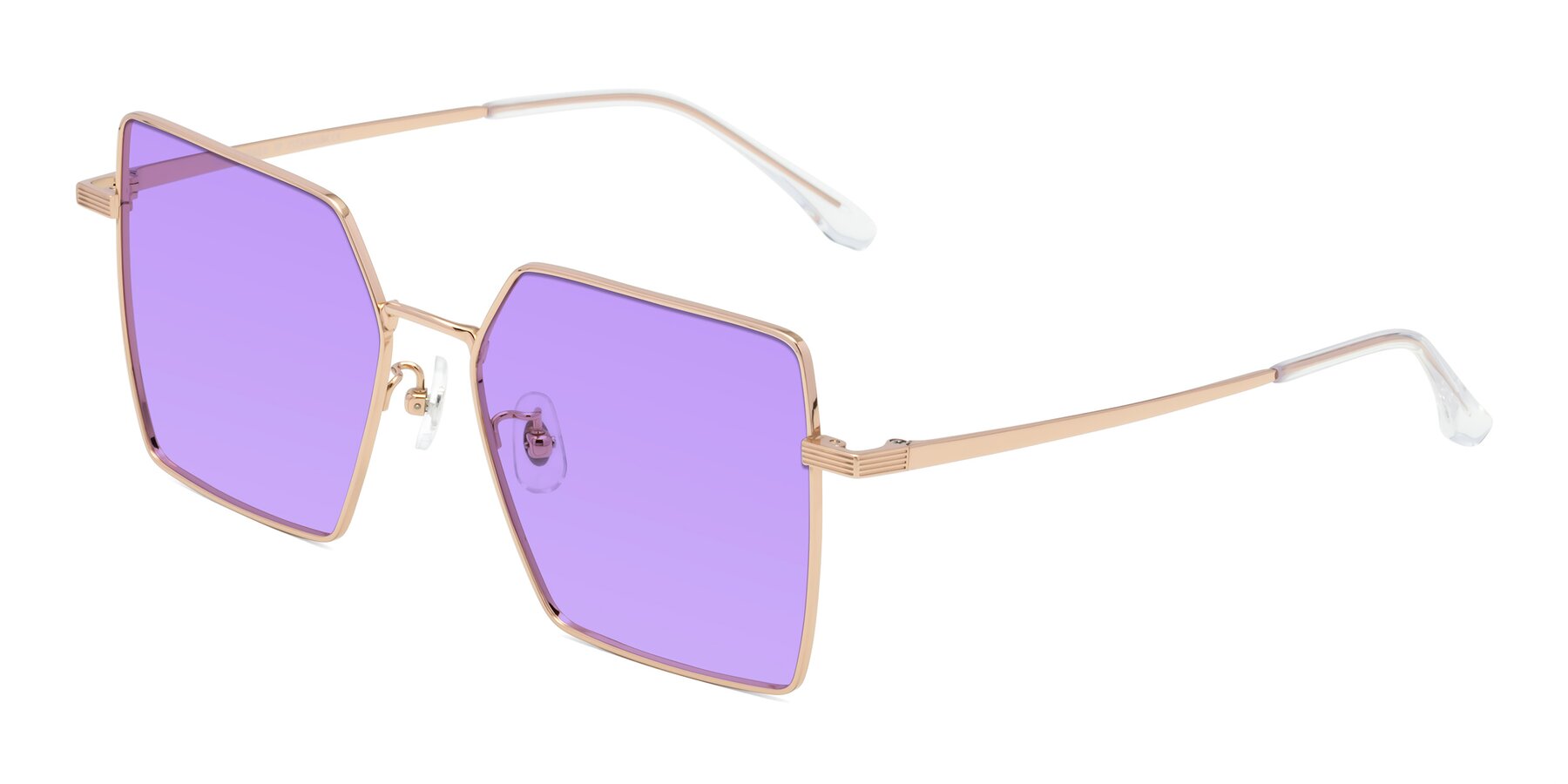 Angle of La Villa in Rose Gold with Medium Purple Tinted Lenses
