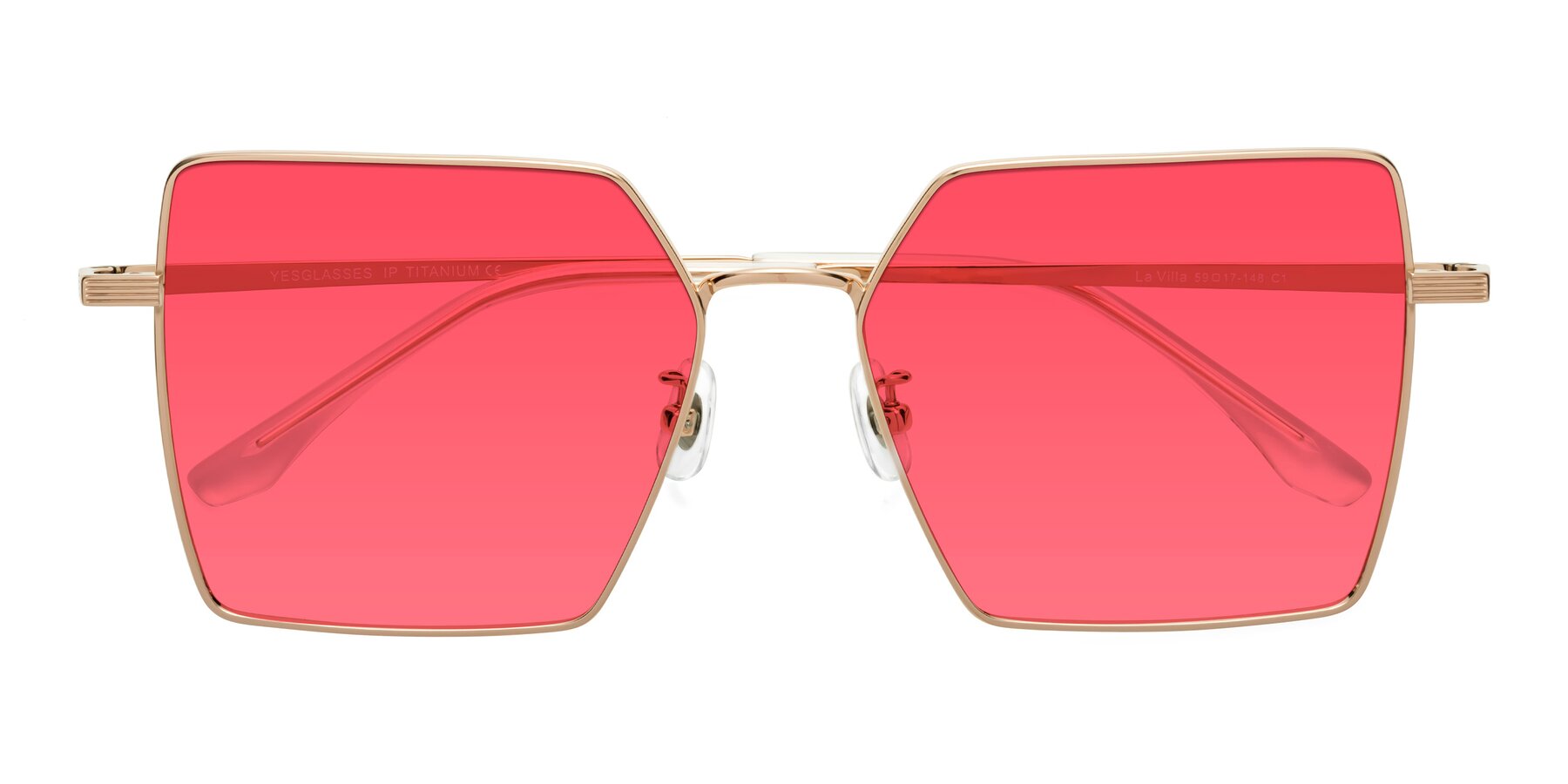 Folded Front of La Villa in Rose Gold with Red Tinted Lenses