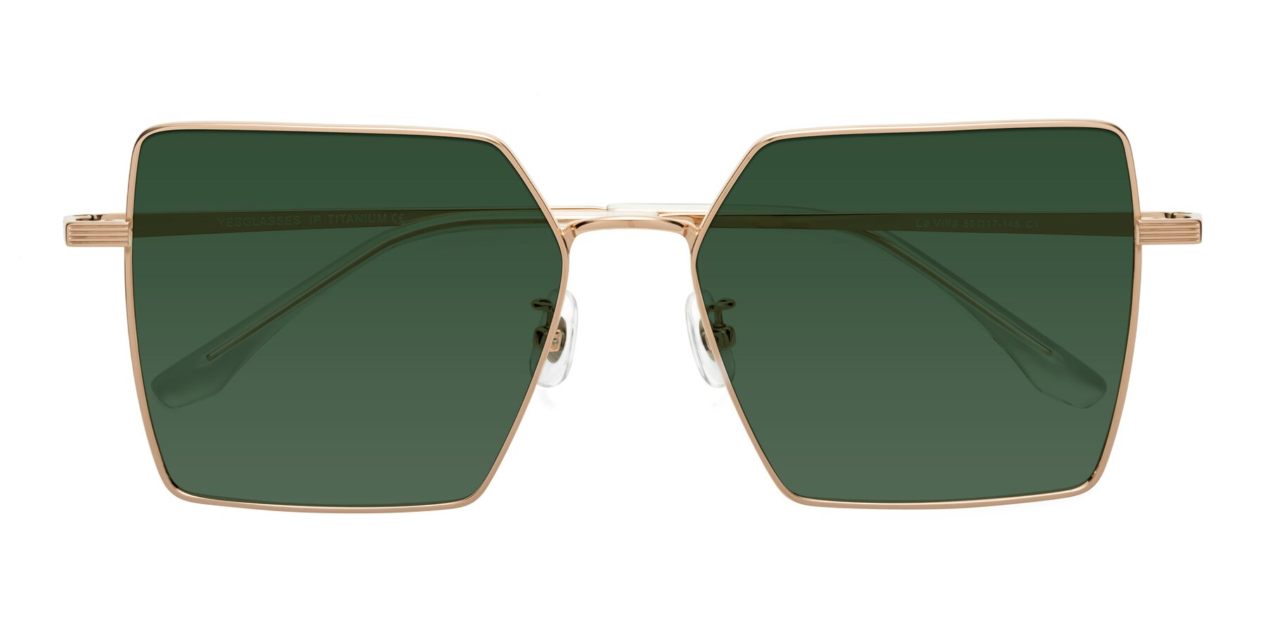 Folded Front of La Villa in Rose Gold with Green Tinted Lenses