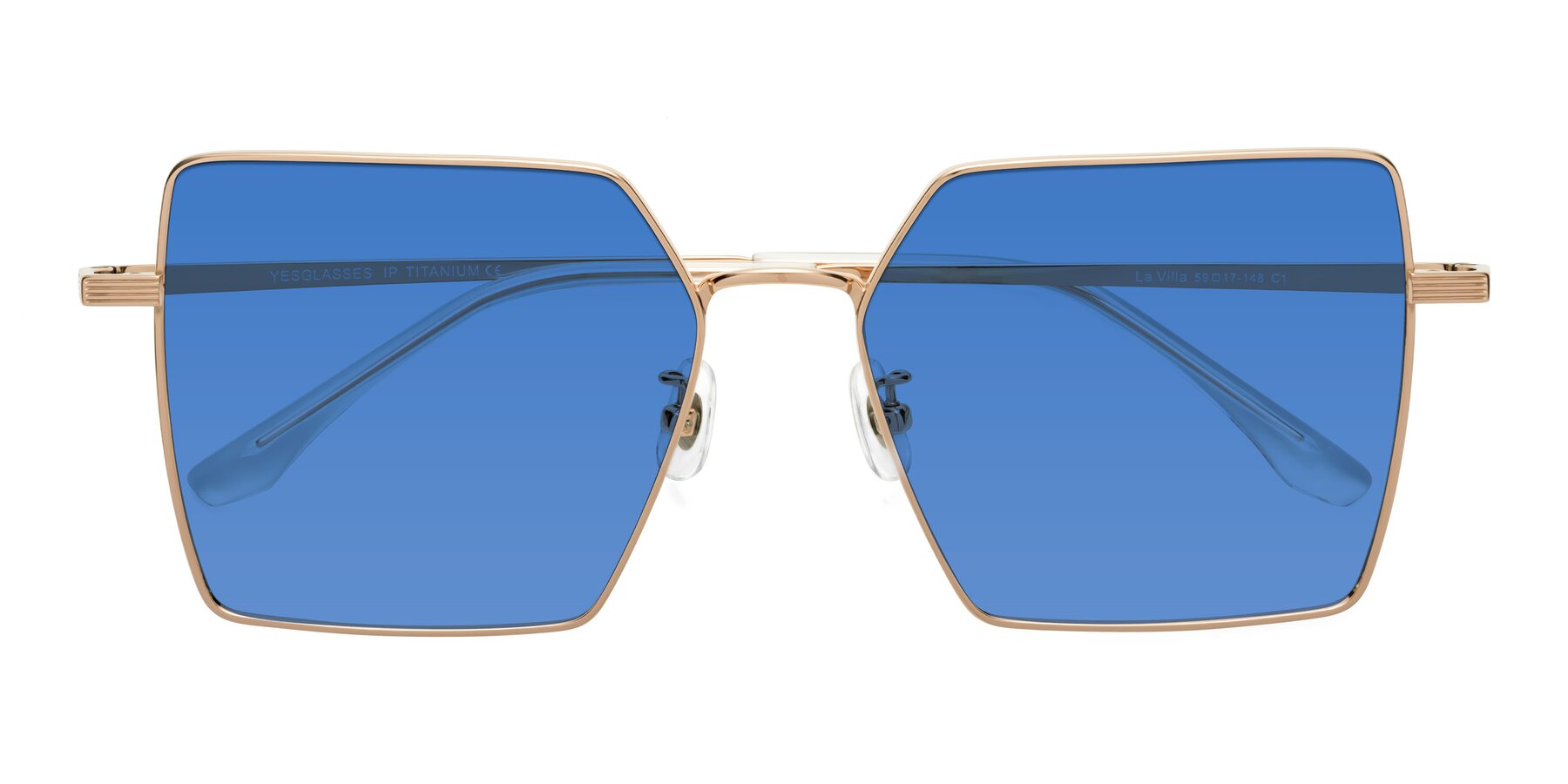 Folded Front of La Villa in Rose Gold with Blue Tinted Lenses