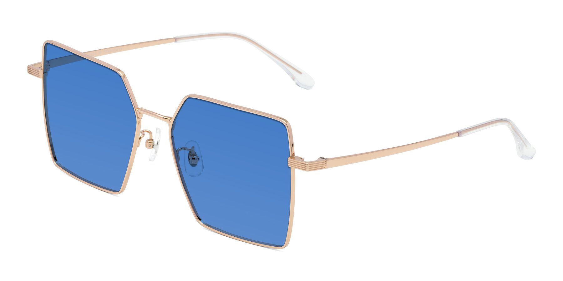 Angle of La Villa in Rose Gold with Blue Tinted Lenses