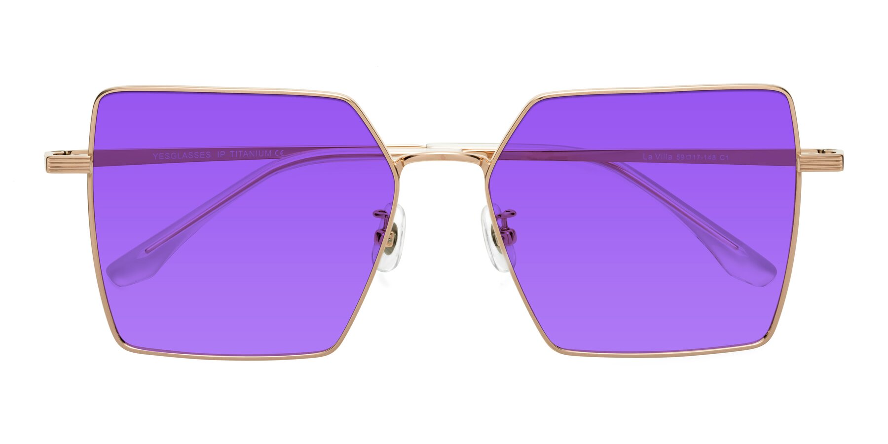 Folded Front of La Villa in Rose Gold with Purple Tinted Lenses