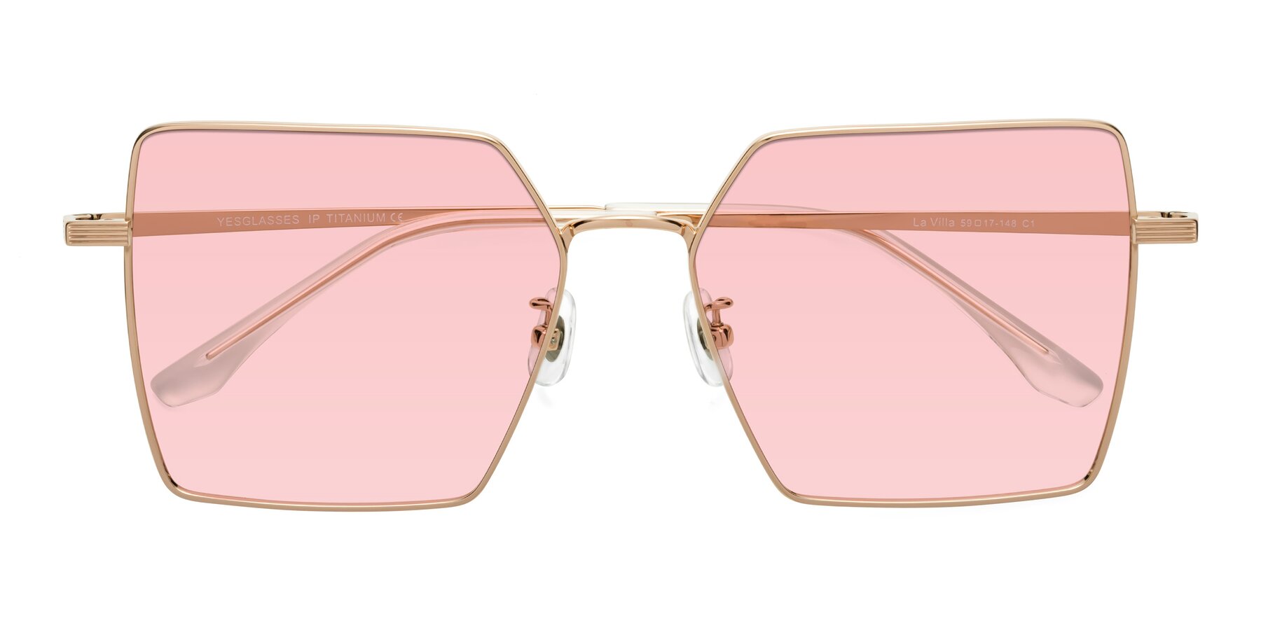 Folded Front of La Villa in Rose Gold with Light Garnet Tinted Lenses