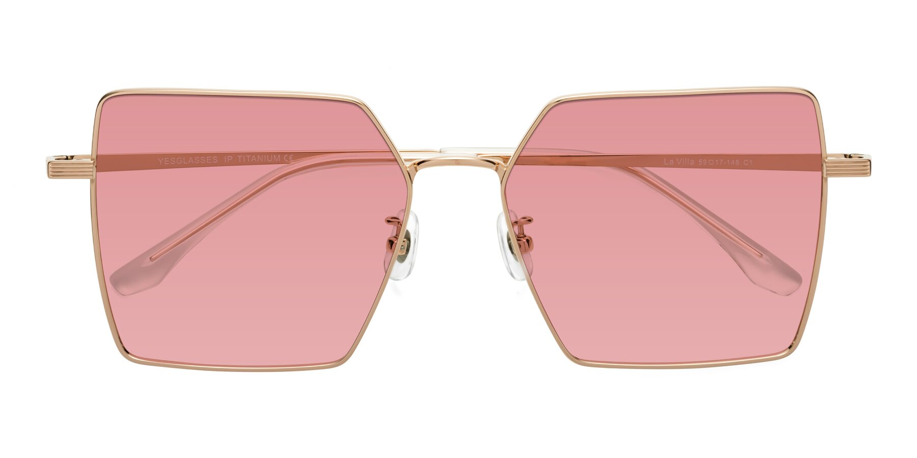 Folded Front of La Villa in Rose Gold with Medium Garnet Tinted Lenses