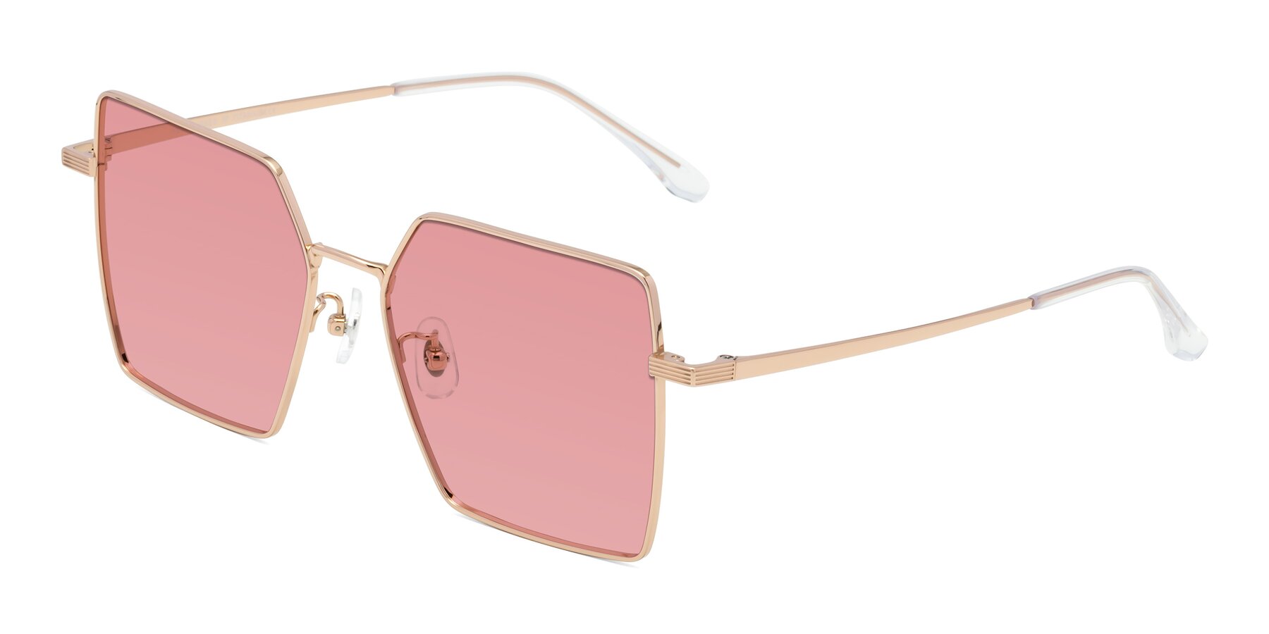 Angle of La Villa in Rose Gold with Medium Garnet Tinted Lenses