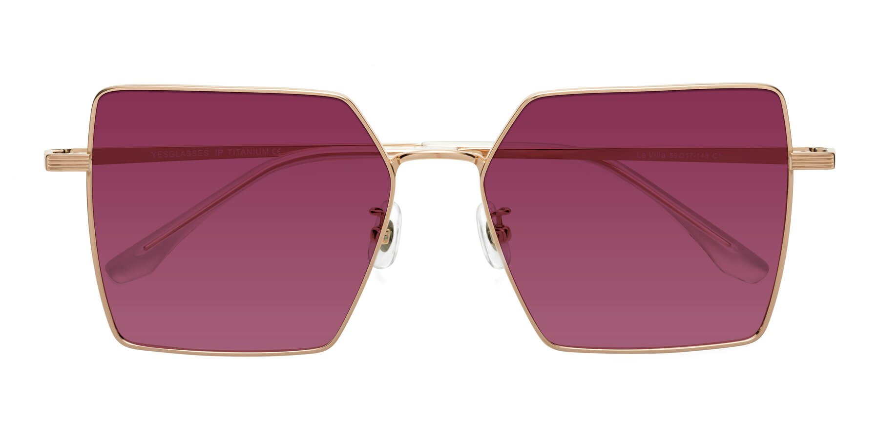 Folded Front of La Villa in Rose Gold with Wine Tinted Lenses