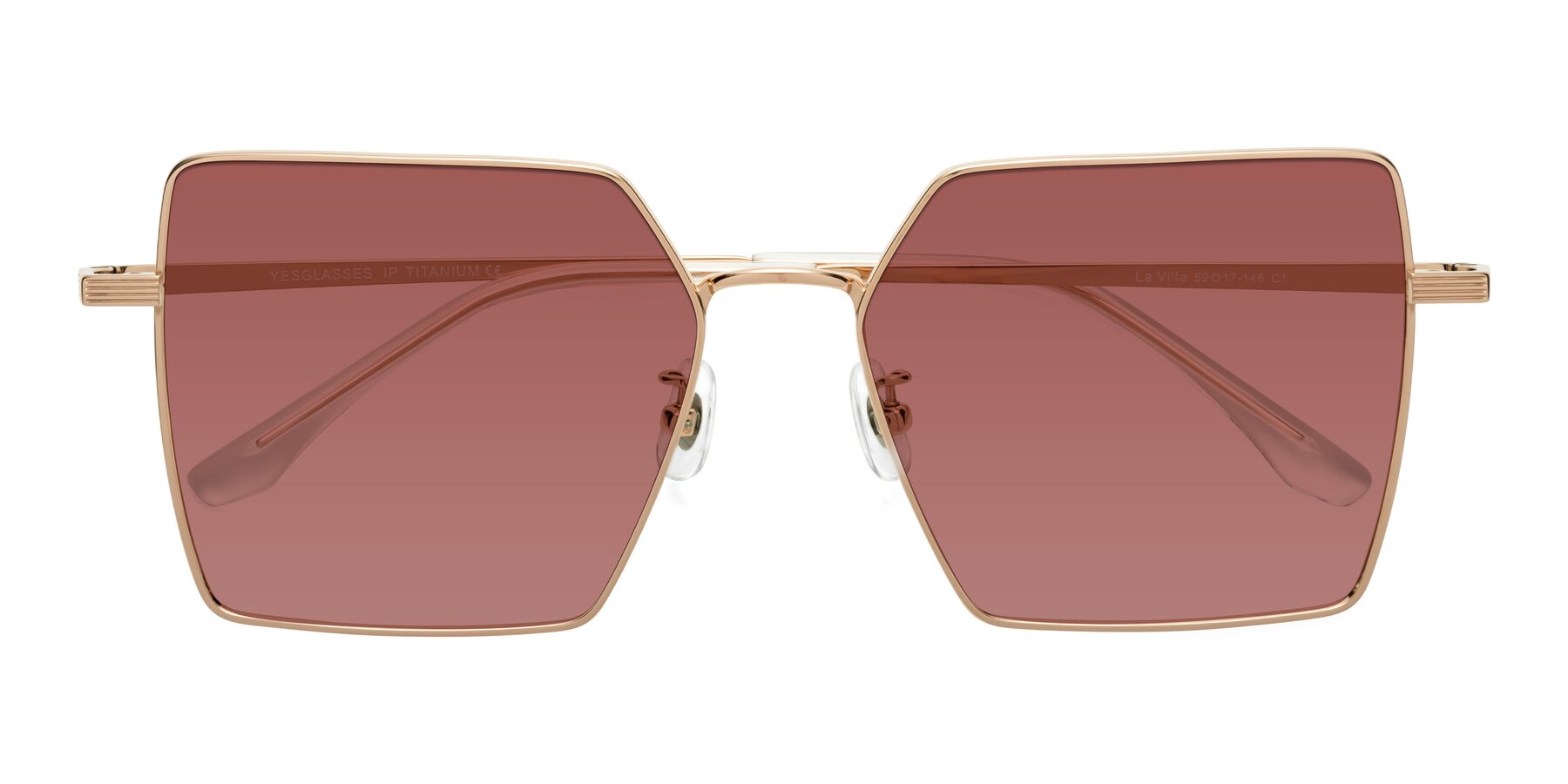 Folded Front of La Villa in Rose Gold with Garnet Tinted Lenses