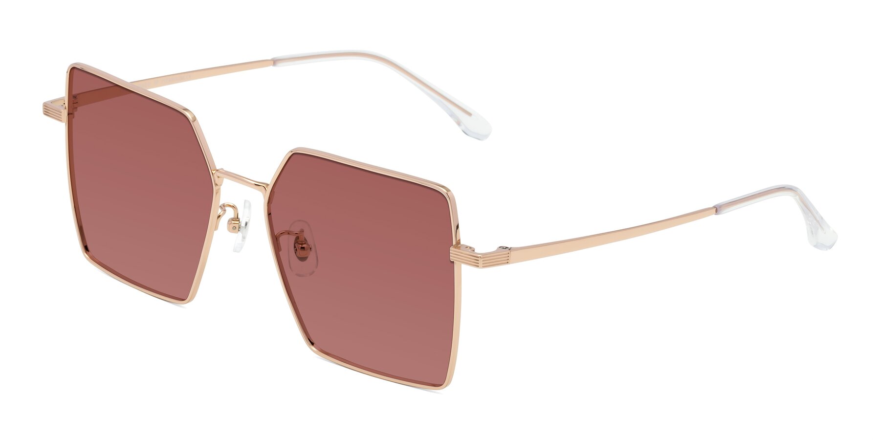 Angle of La Villa in Rose Gold with Garnet Tinted Lenses