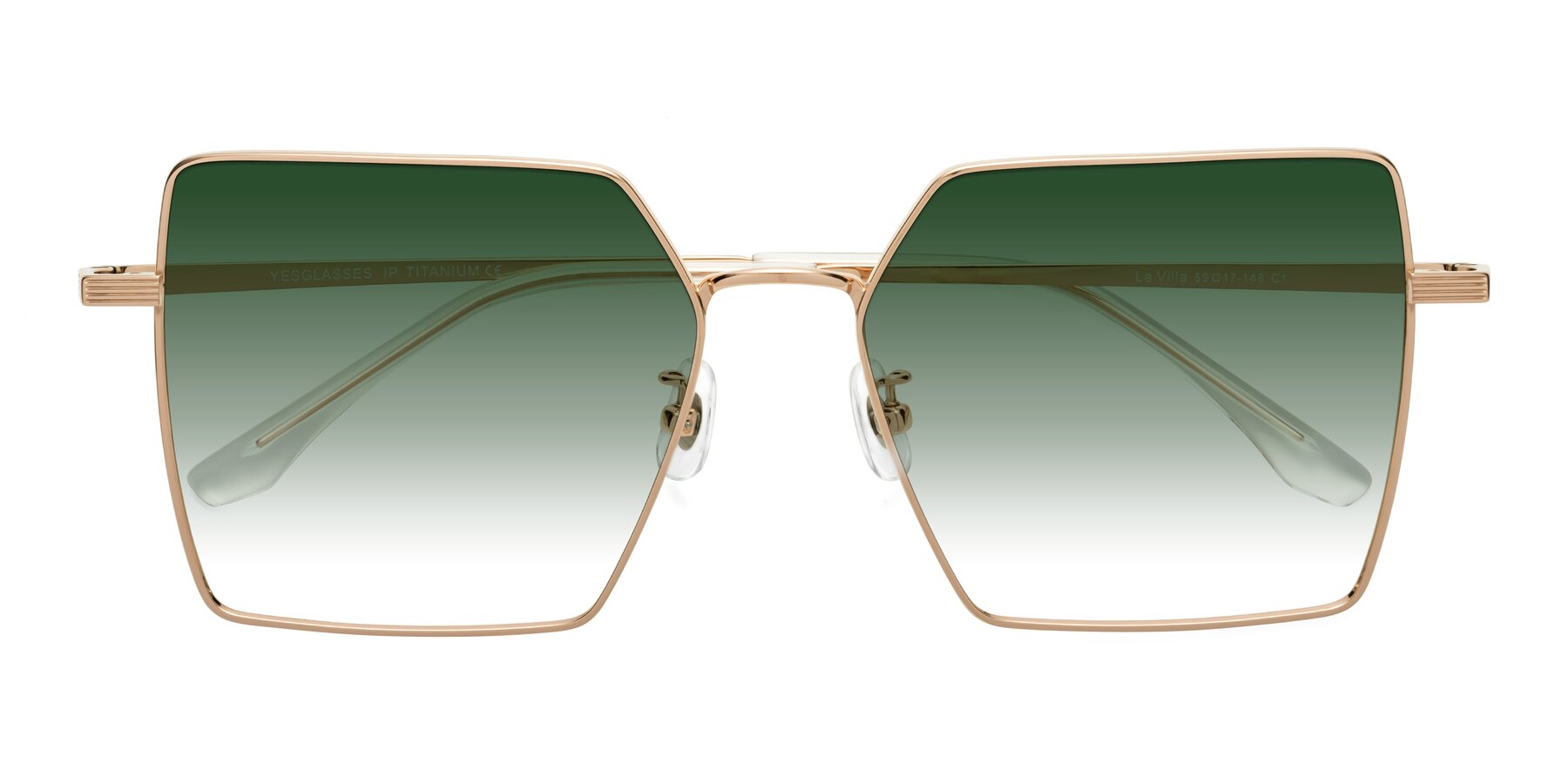 Folded Front of La Villa in Rose Gold with Green Gradient Lenses
