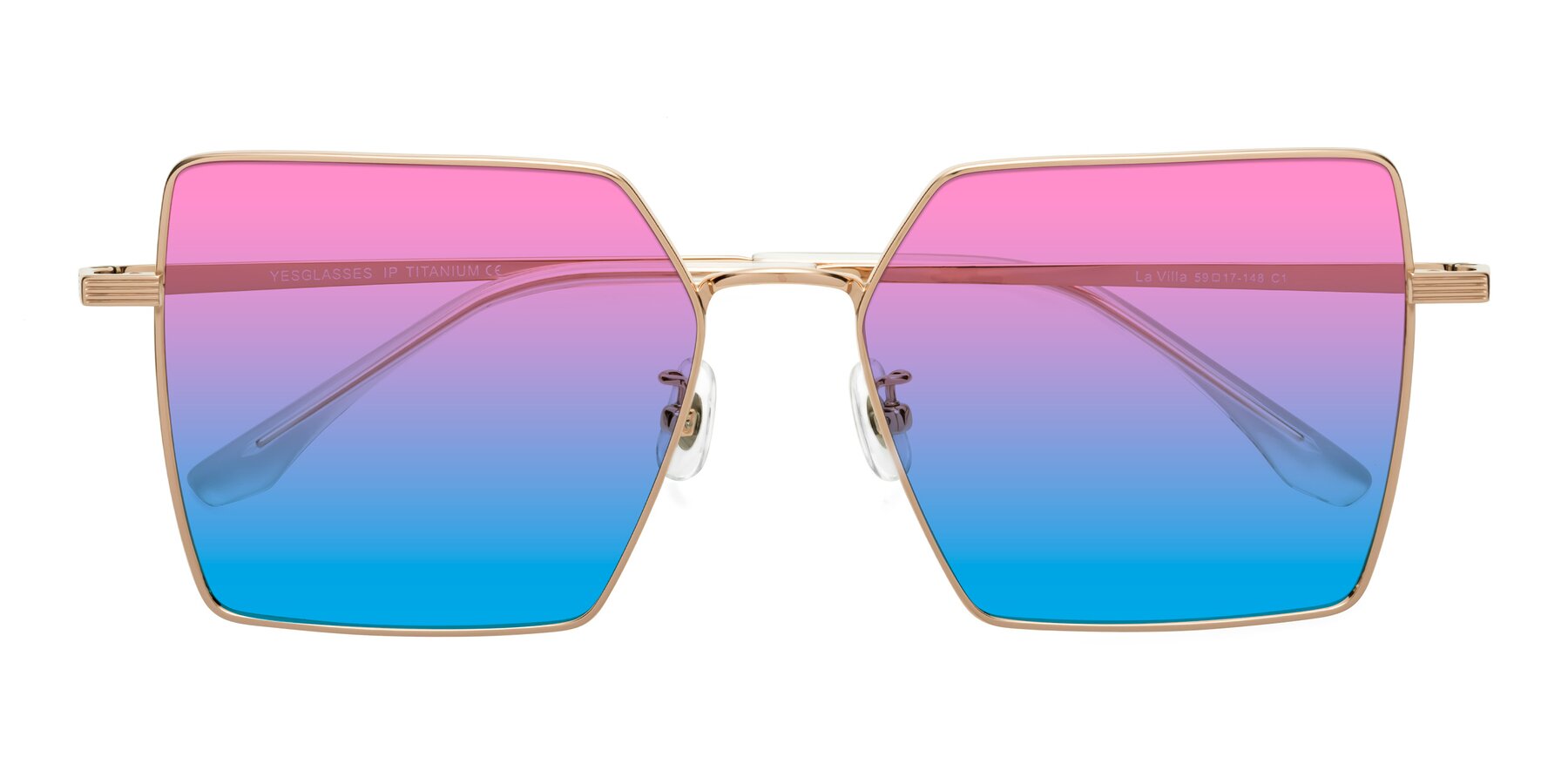 Folded Front of La Villa in Rose Gold with Pink / Blue Gradient Lenses