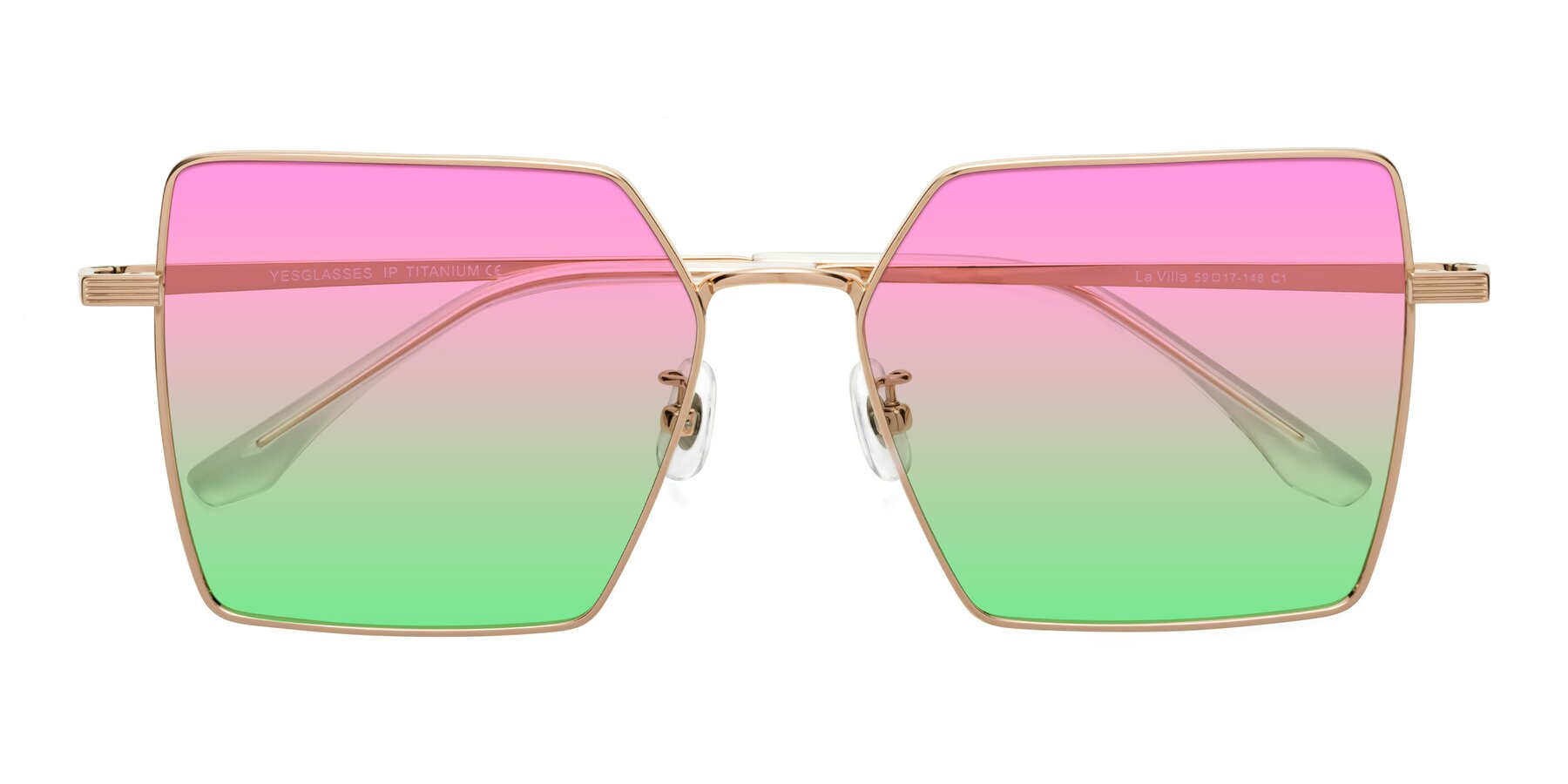 Folded Front of La Villa in Rose Gold with Pink / Green Gradient Lenses