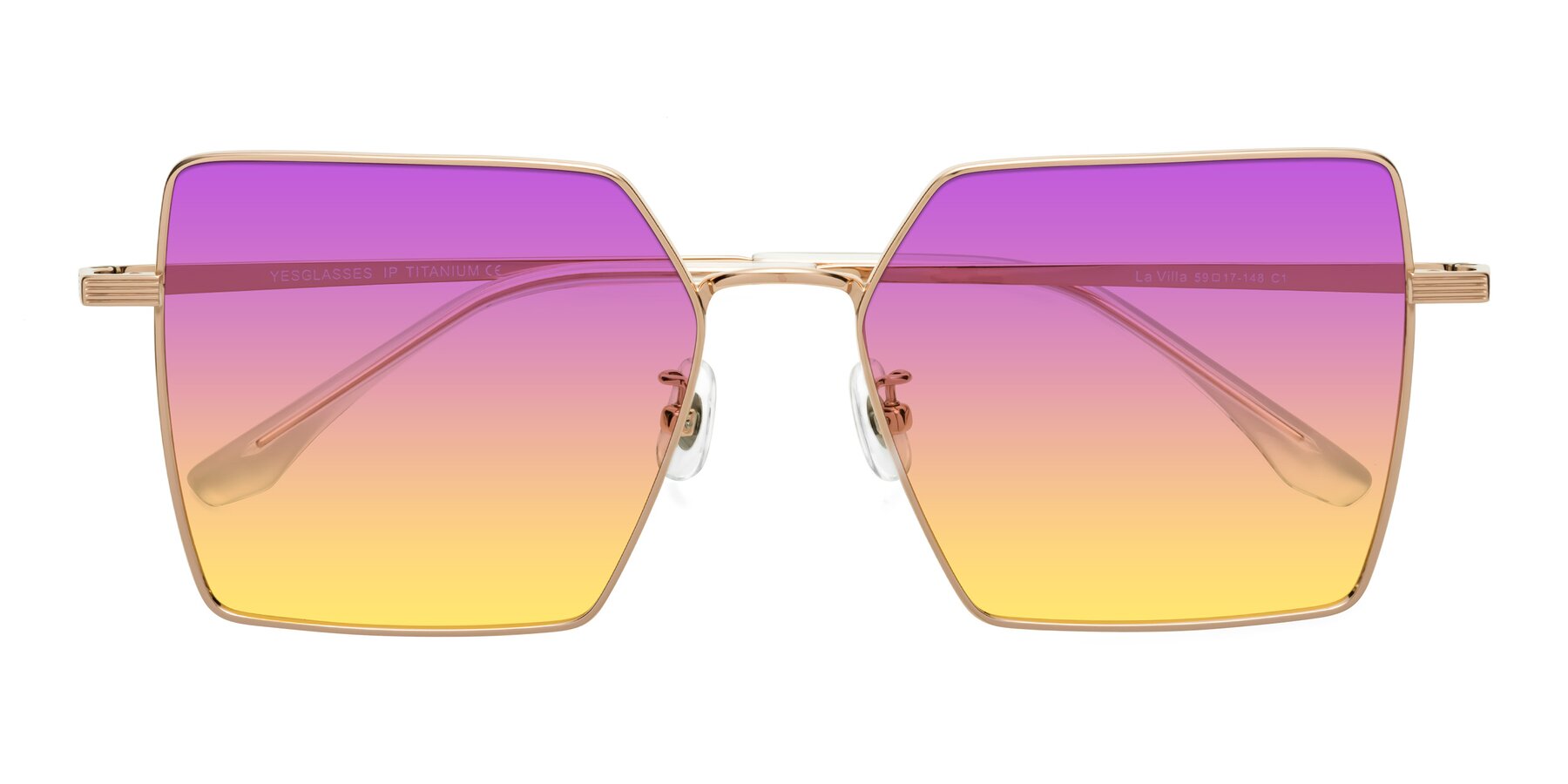 Folded Front of La Villa in Rose Gold with Purple / Yellow Gradient Lenses