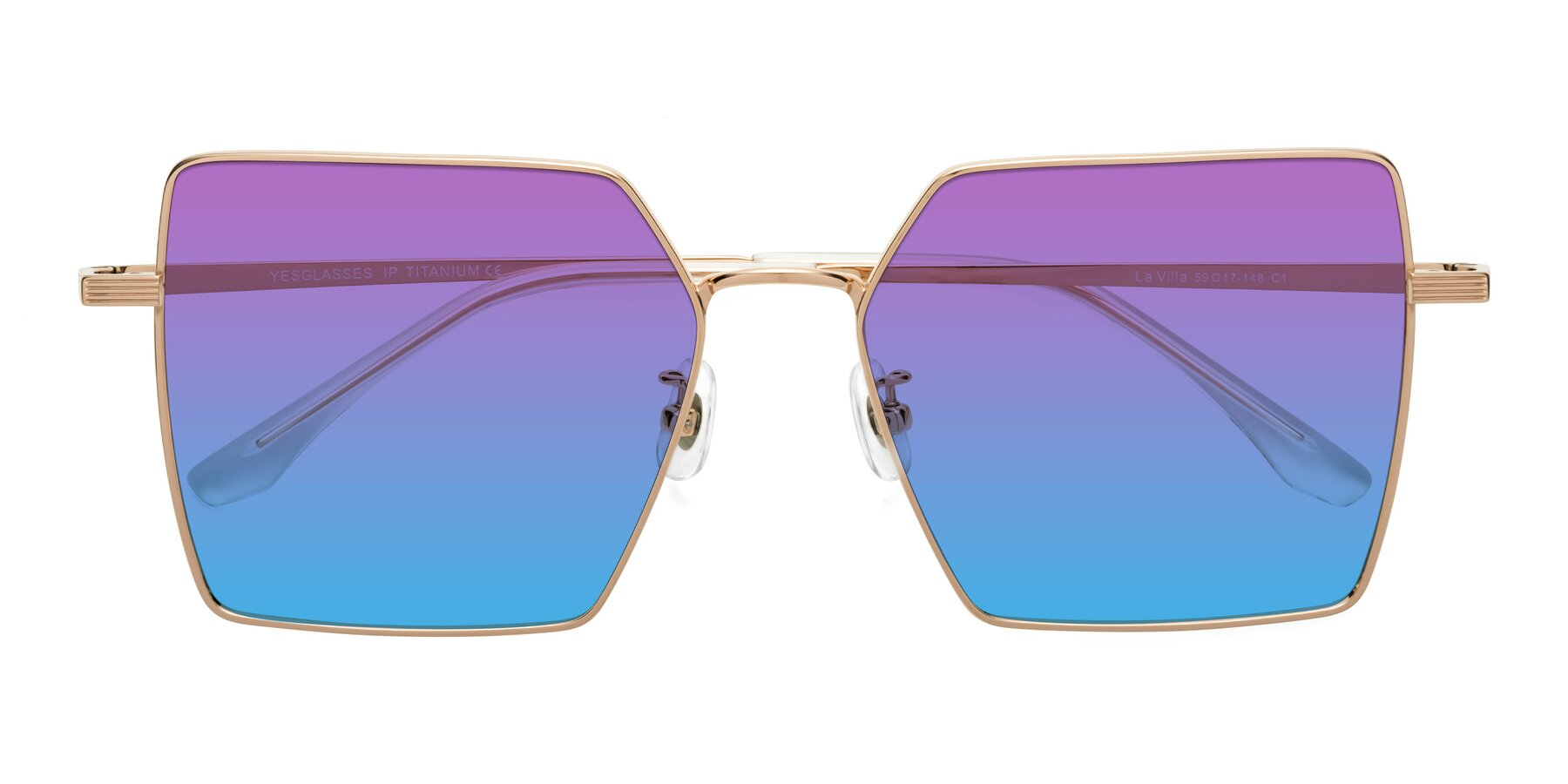 Folded Front of La Villa in Rose Gold with Purple / Blue Gradient Lenses